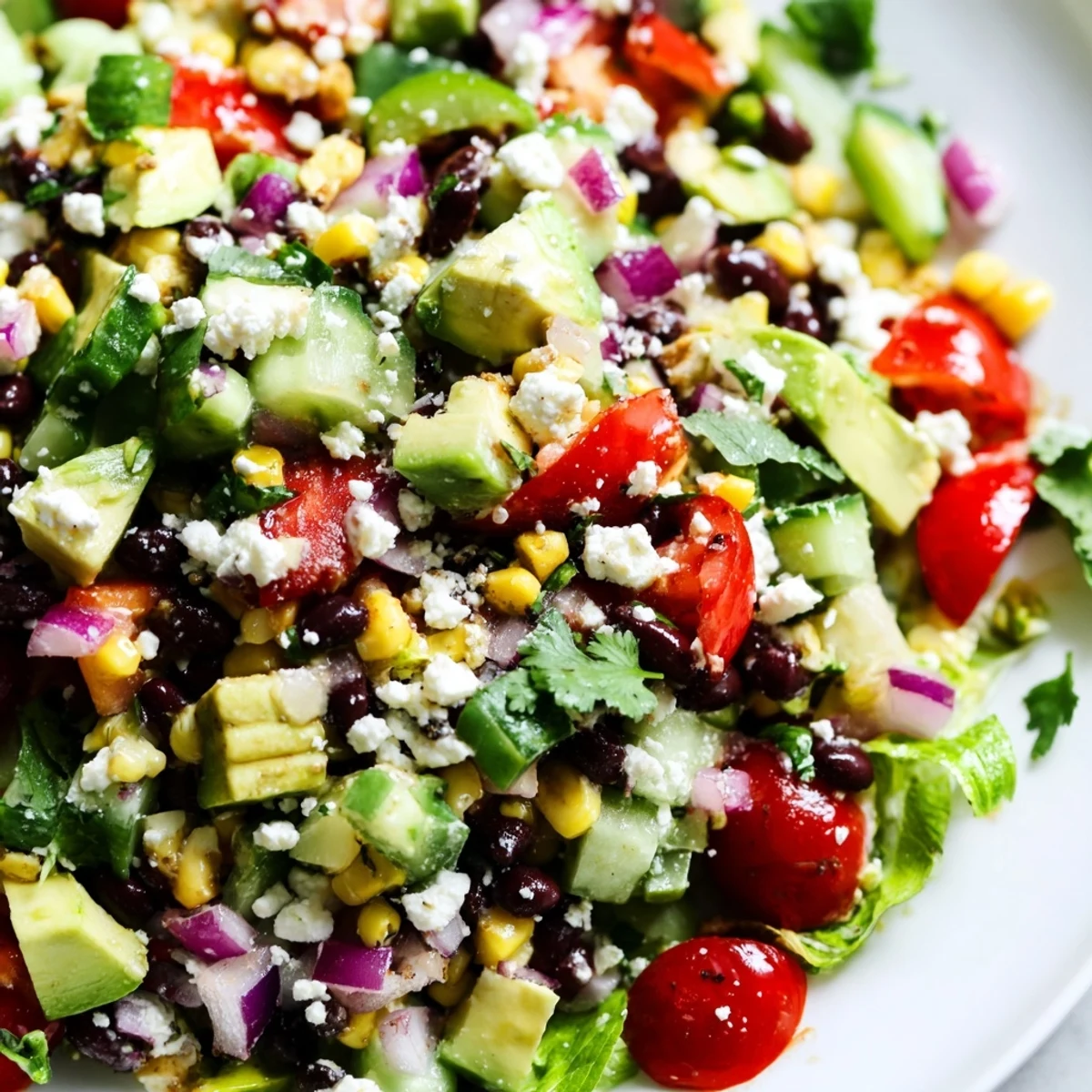 Colorful Mexican chopped salad loaded with fresh vegetables, black beans, and creamy avocado chunks