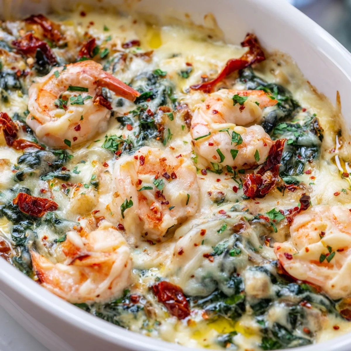 Creamy Low Carb Shrimp Tuscan Bake topped with golden melted mozzarella in a bubbly baking dish