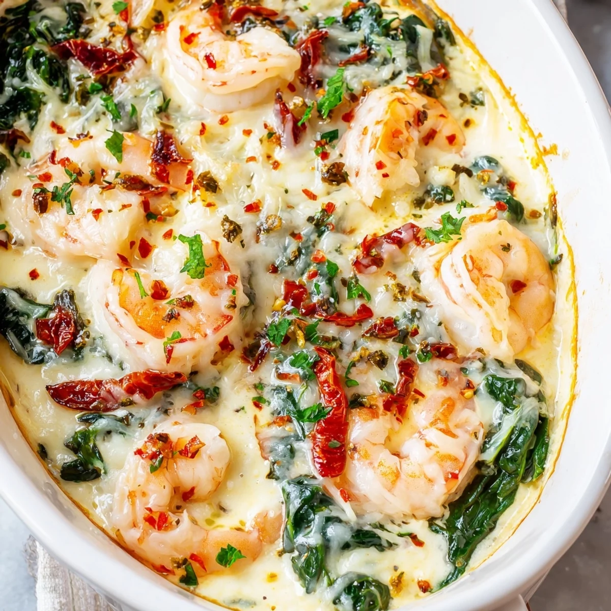 Low Carb Shrimp Tuscan Bake with tender pink shrimp, wilted spinach, and sun-dried tomatoes
