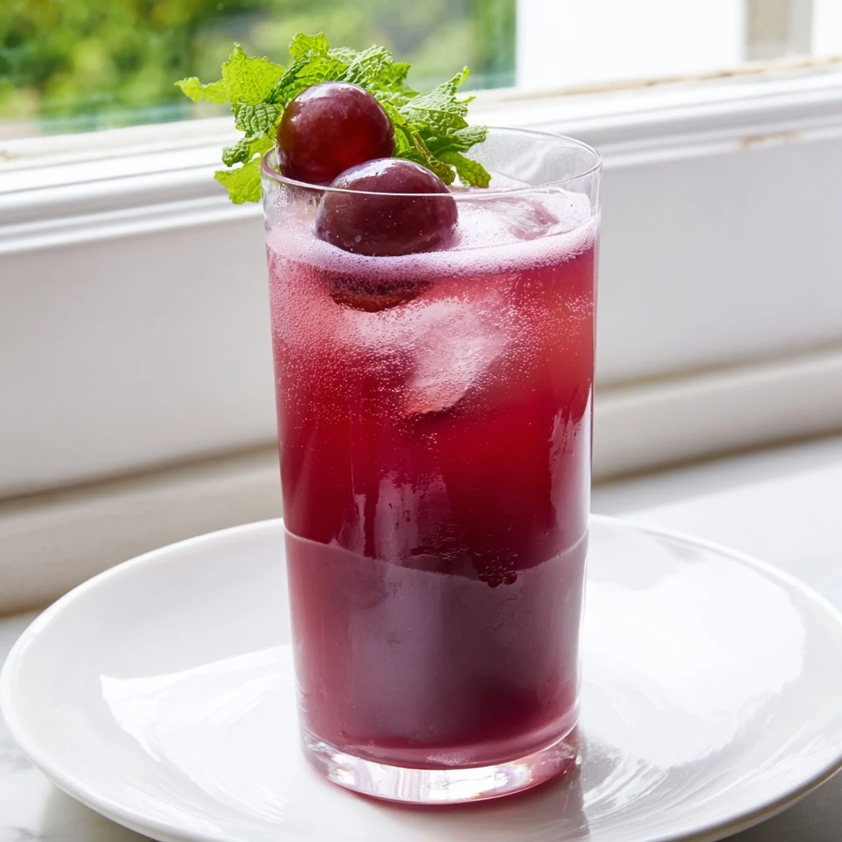 Grape Agua Fresca poured over ice in a tall glass with fresh mint garnish