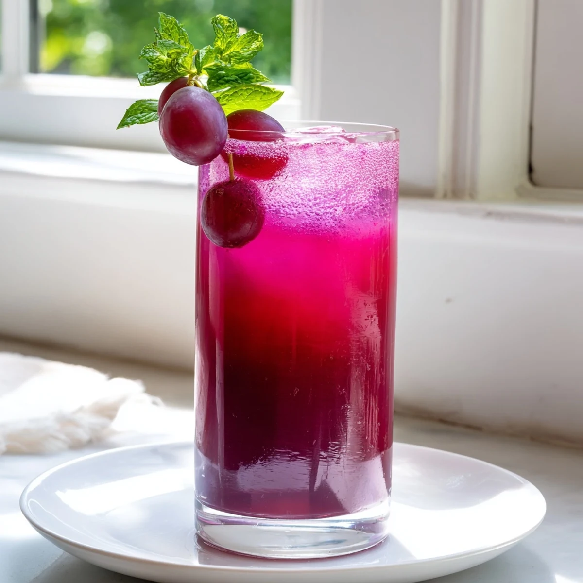 Vibrant purple Grape Agua Fresca served in a clear pitcher with floating grape garnishes