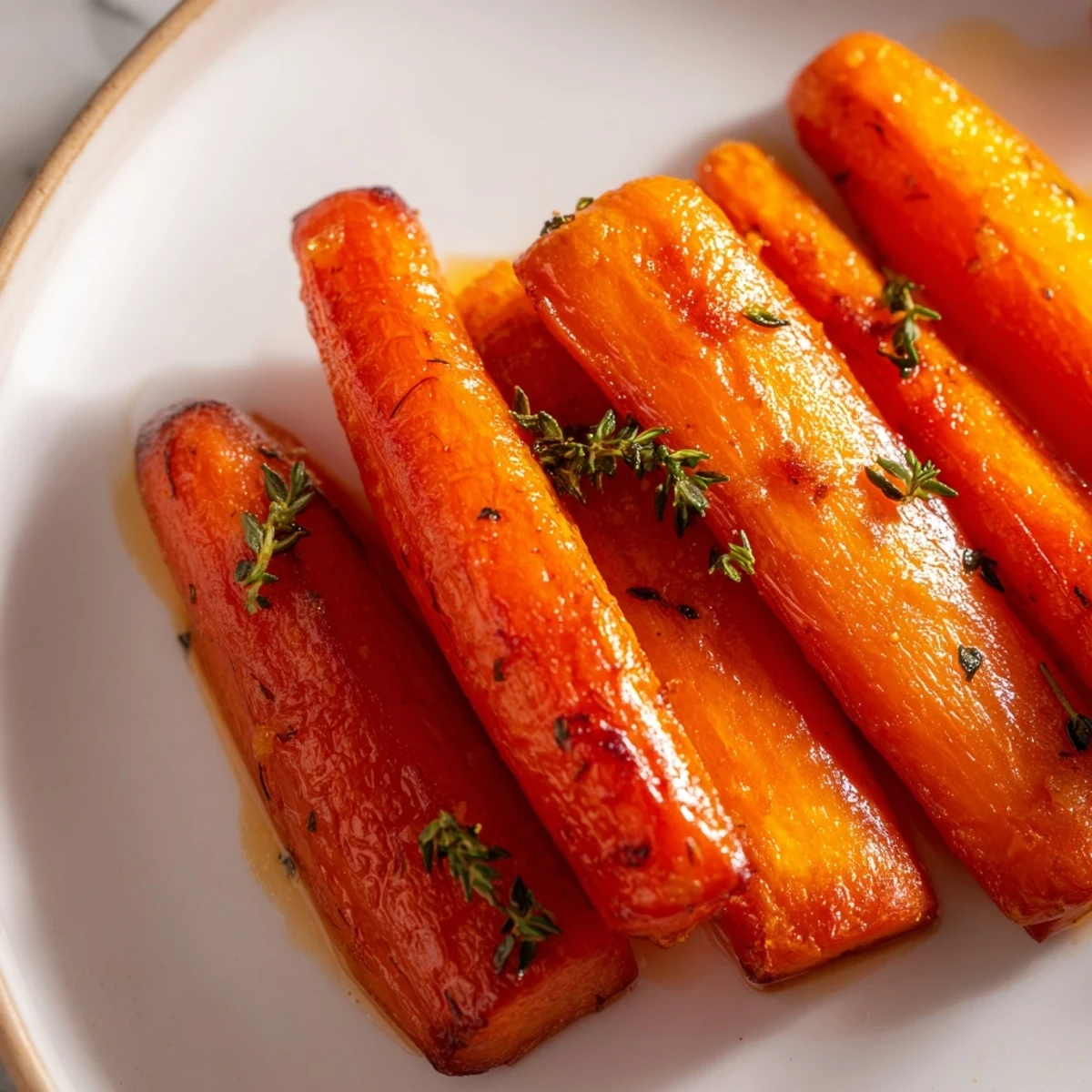 Golden honey roasted carrots glistening with caramelized edges on a rustic white serving platter