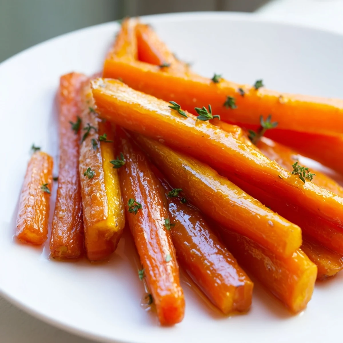 Tender honey roasted carrots seasoned with fresh thyme and arranged on parchment baking sheet