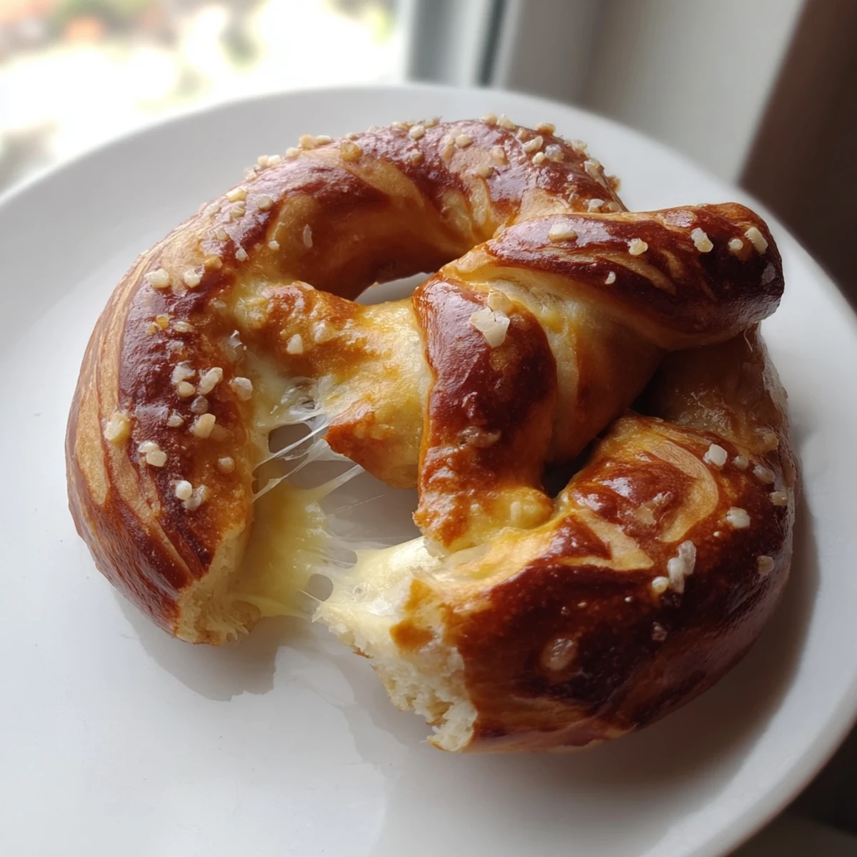 Warm mozzarella stuffed soft pretzels with golden crust and melting cheese center