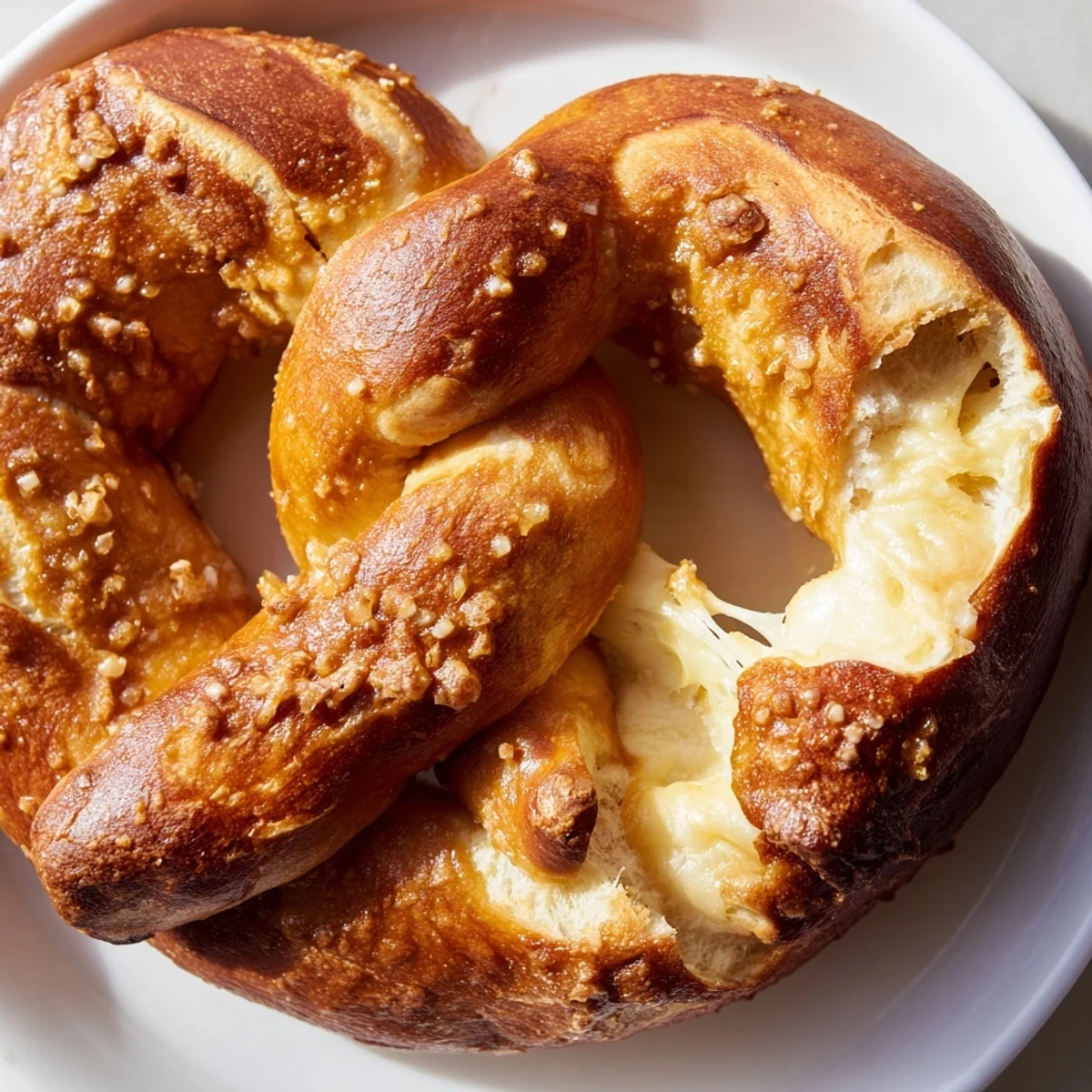 Freshly baked mozzarella stuffed soft pretzels brushed with butter ready for dipping