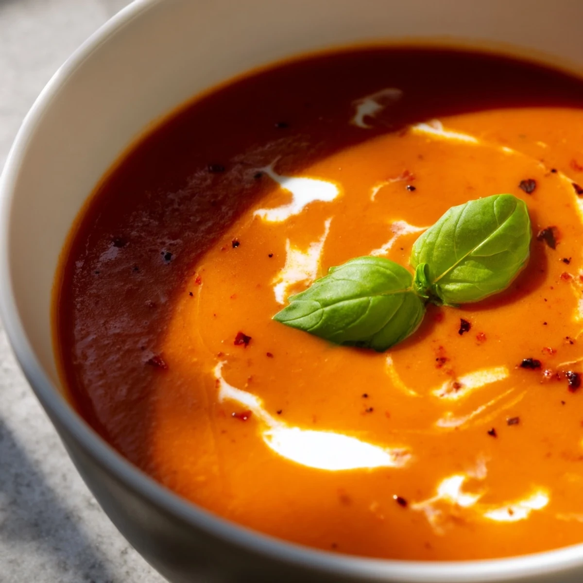 Creamy fire roasted tomato soup ladled into bowls topped with fresh basil leaves