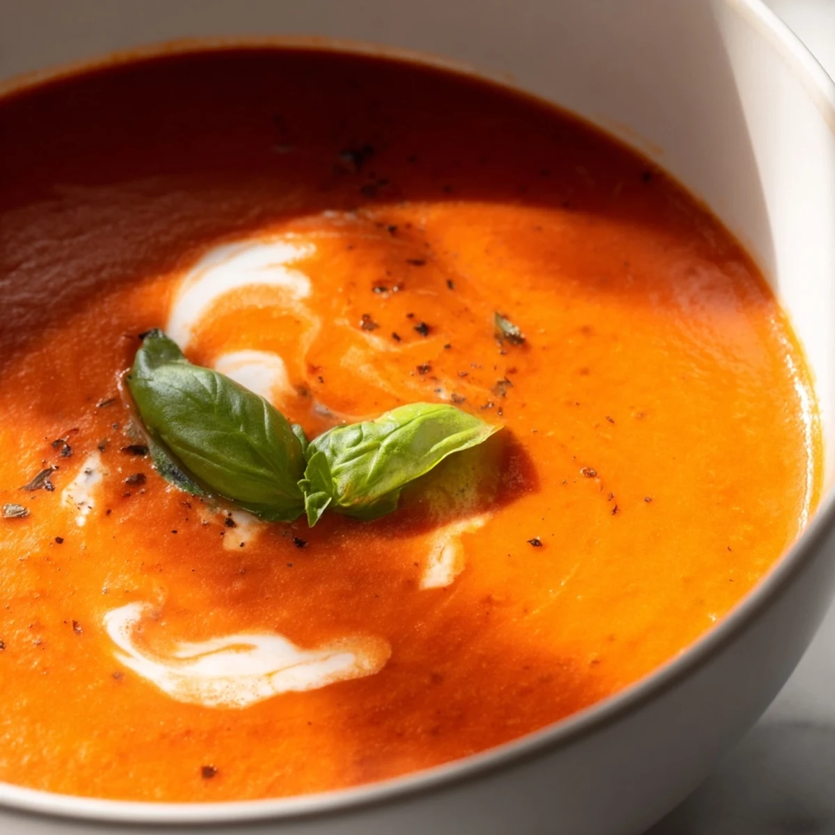 Smoky fire roasted tomato soup in a rustic pot with crusty bread alongside