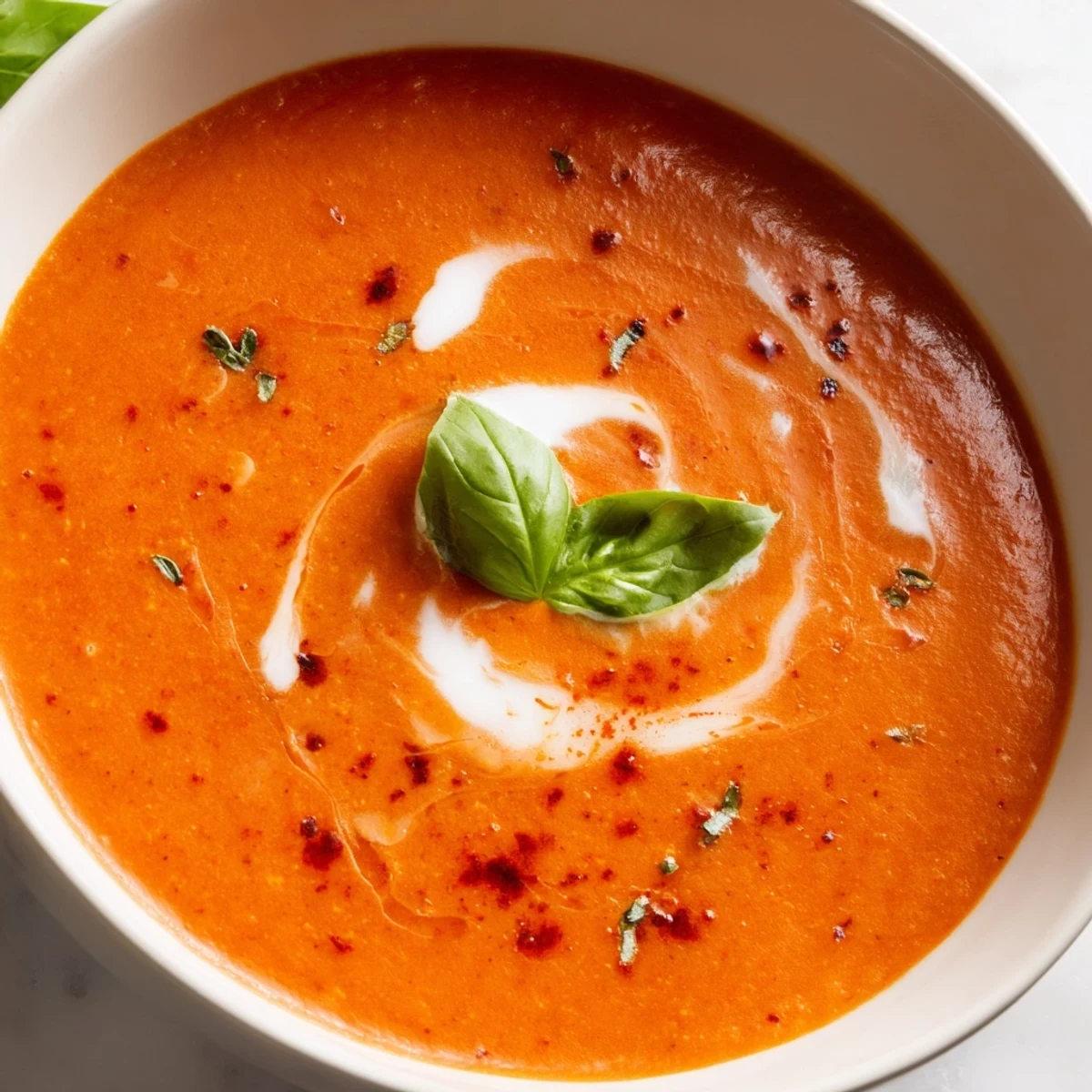 Velvety fire roasted tomato soup garnished with cream drizzle and sprig of basil