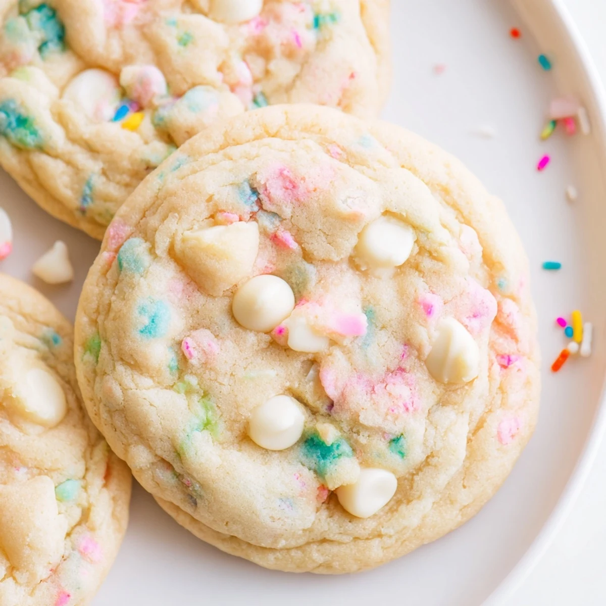 Soft pastel white chocolate cookies with creamy chips and colorful sprinkles on rustic baking sheet