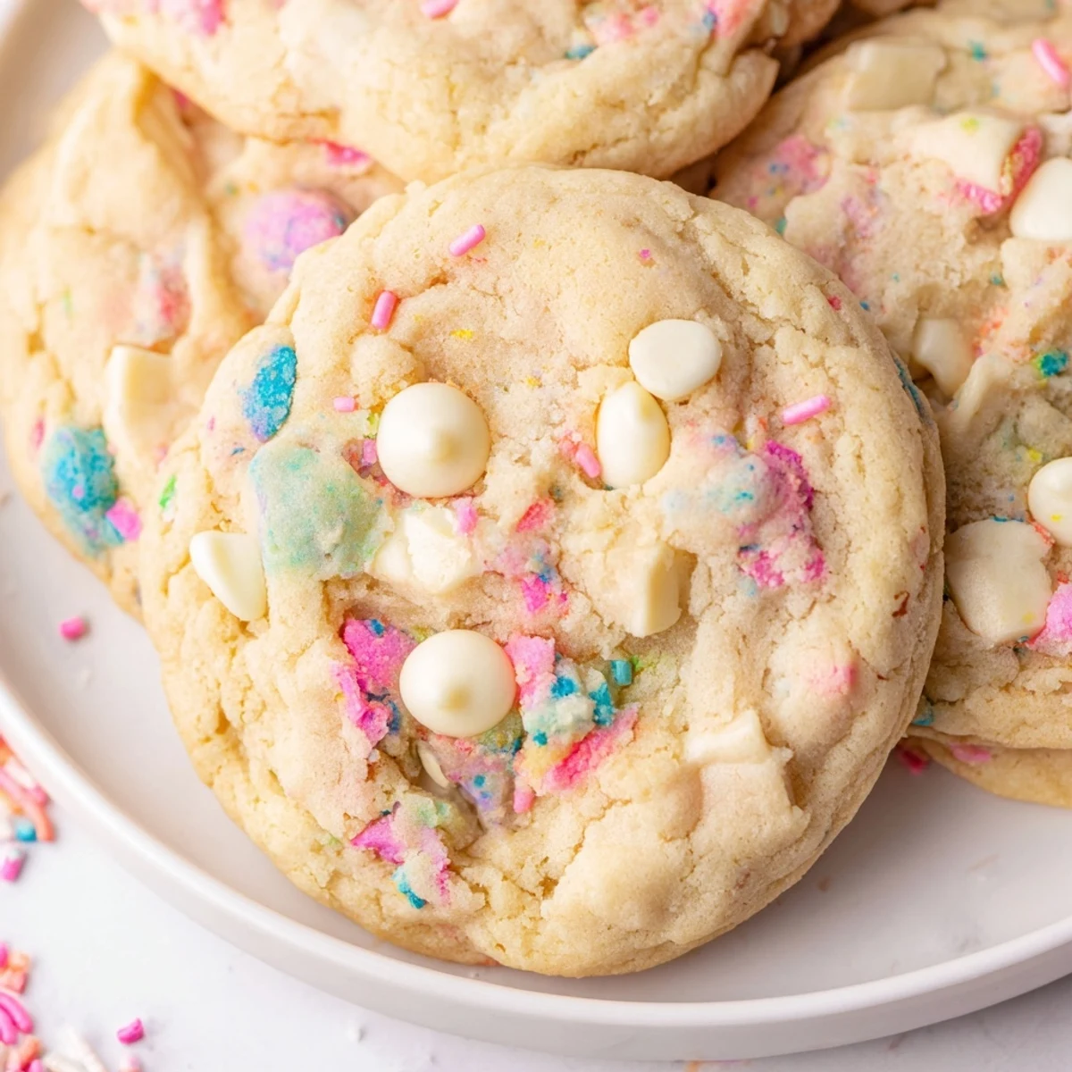 Chewy pastel white chocolate cookies studded with melty chips and Easter-colored candy sprinkles