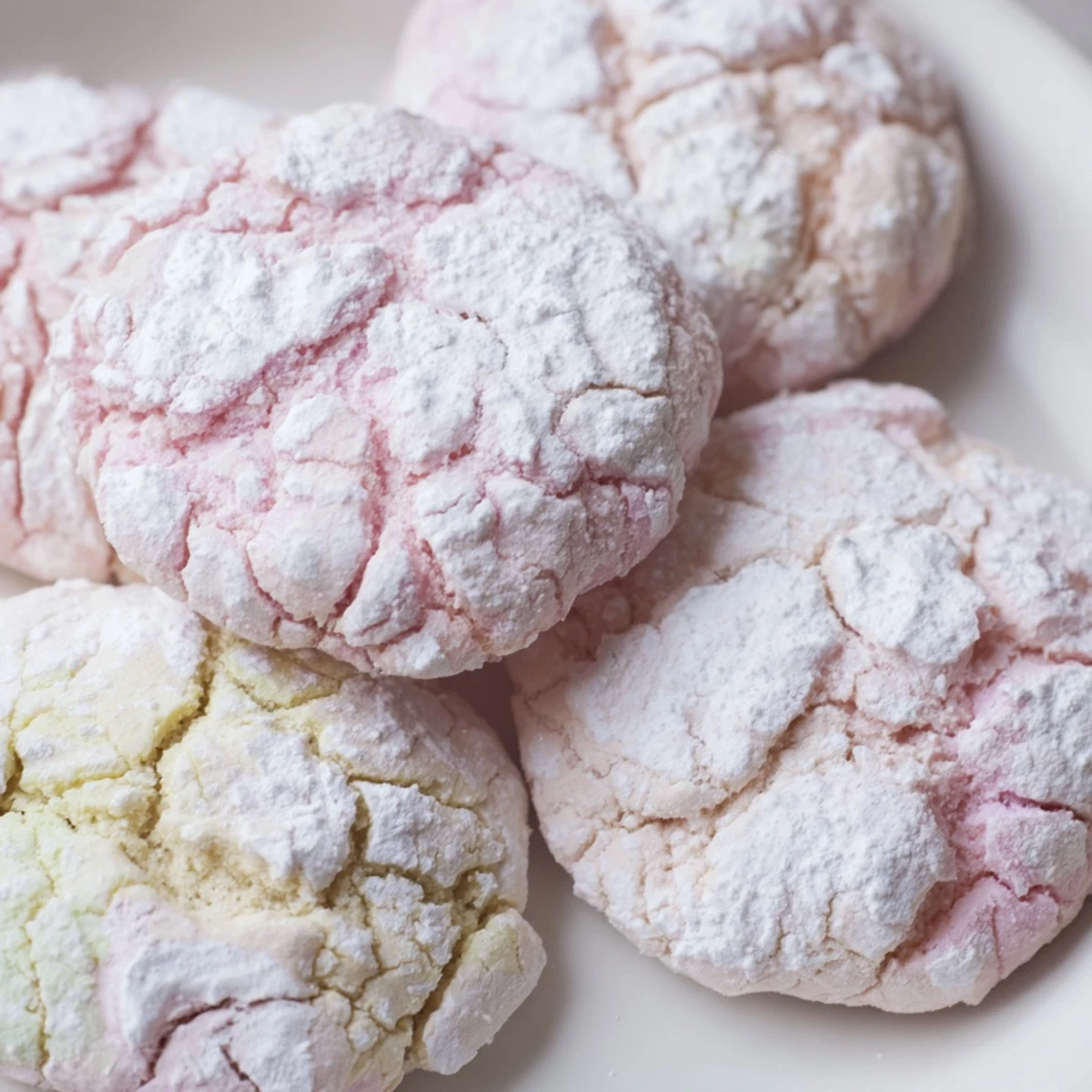 Soft pastel crinkle cookies with powdered sugar coating arranged on white parchment paper
