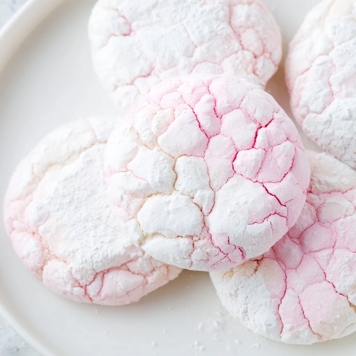 Chewy pastel crinkle cookies showing crackled surfaces dusted with snowy powdered sugar