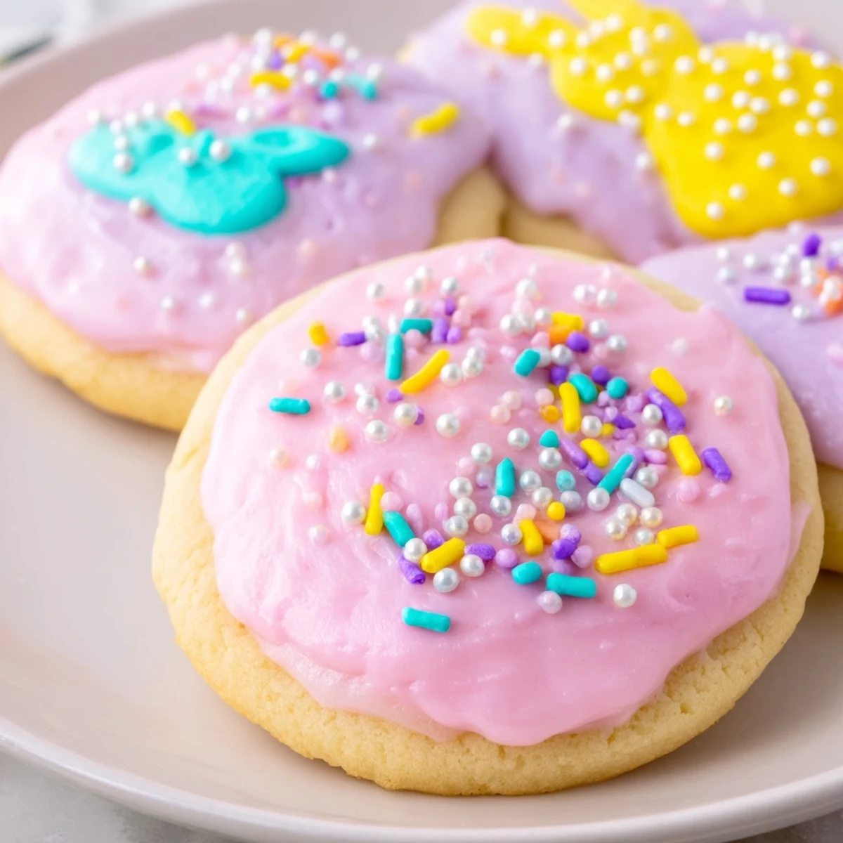 Soft Easter cookies decorated with pastel icing and colorful sprinkles on a rustic serving plate