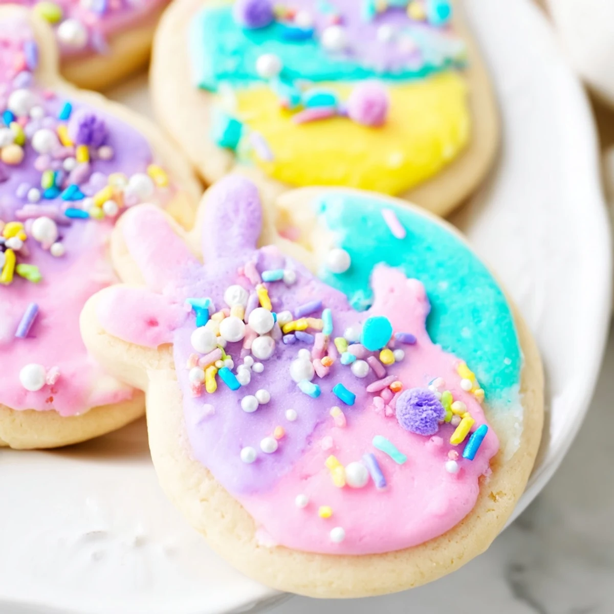Golden buttery Easter cookies shaped like eggs and bunnies arranged on a white ceramic platter