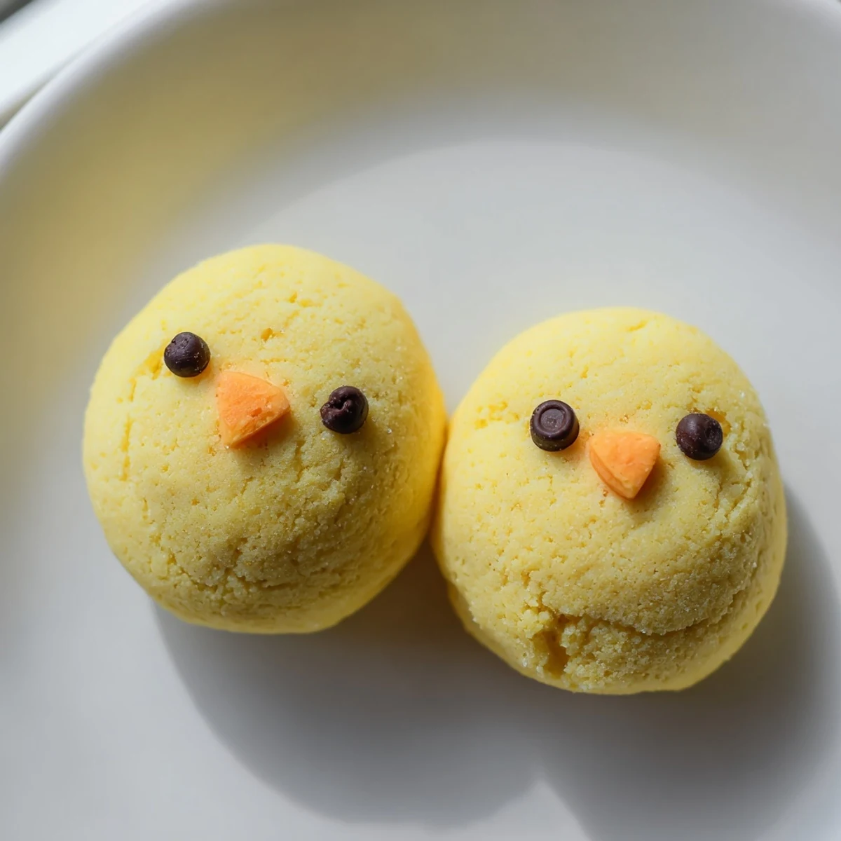 Adorable chick cookies with bright yellow frosting and cute chocolate chip eyes on a rustic baking sheet