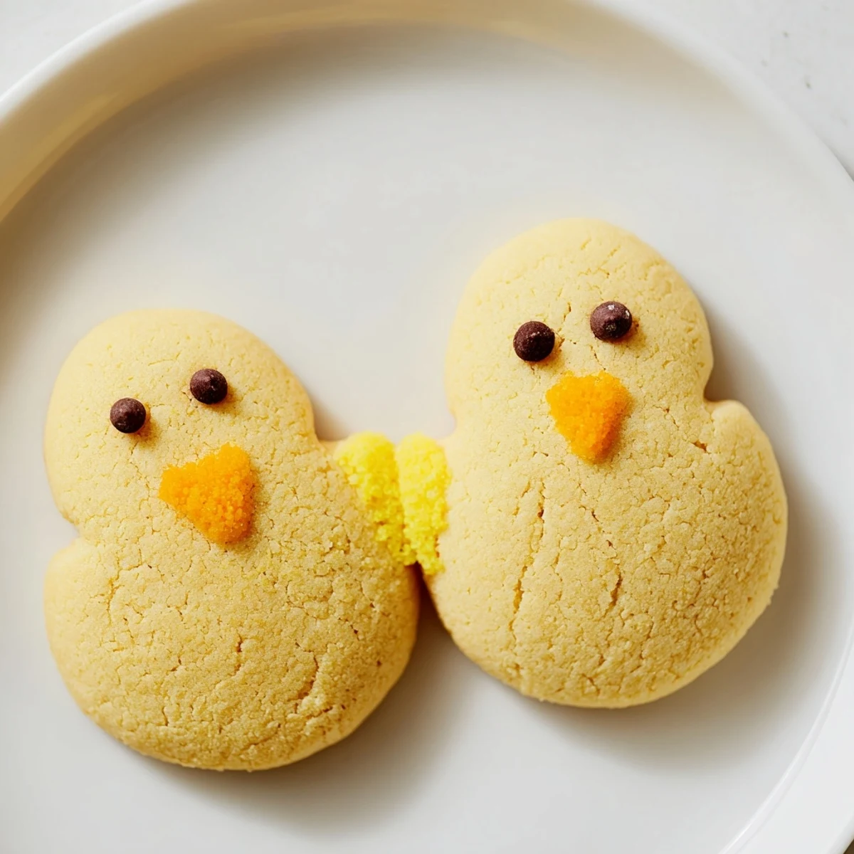 Golden chick cookies decorated with orange candy beaks arranged on a white serving platter for spring