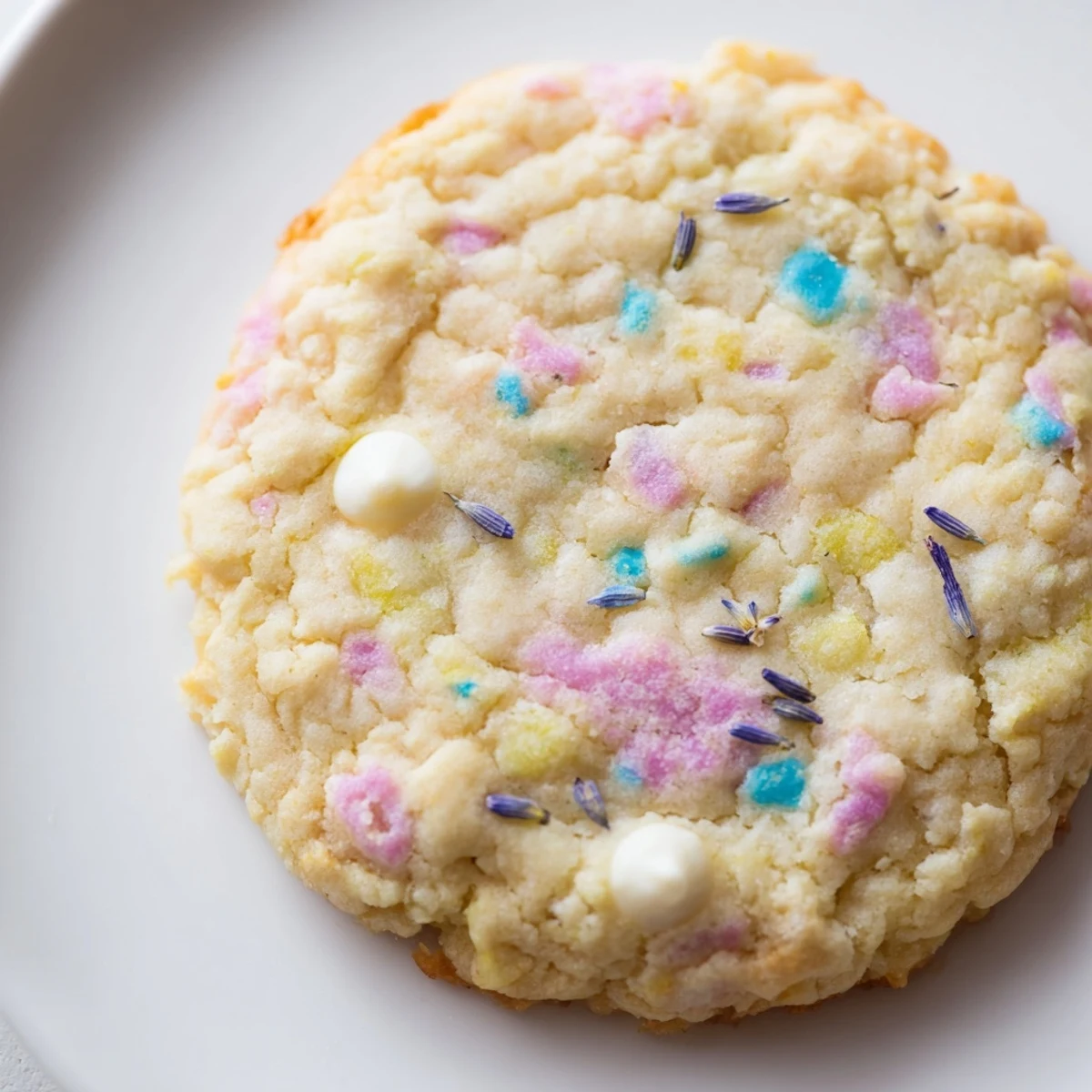 Soft Spring Blossom Cookies topped with pastel sprinkles on a rustic wooden serving board