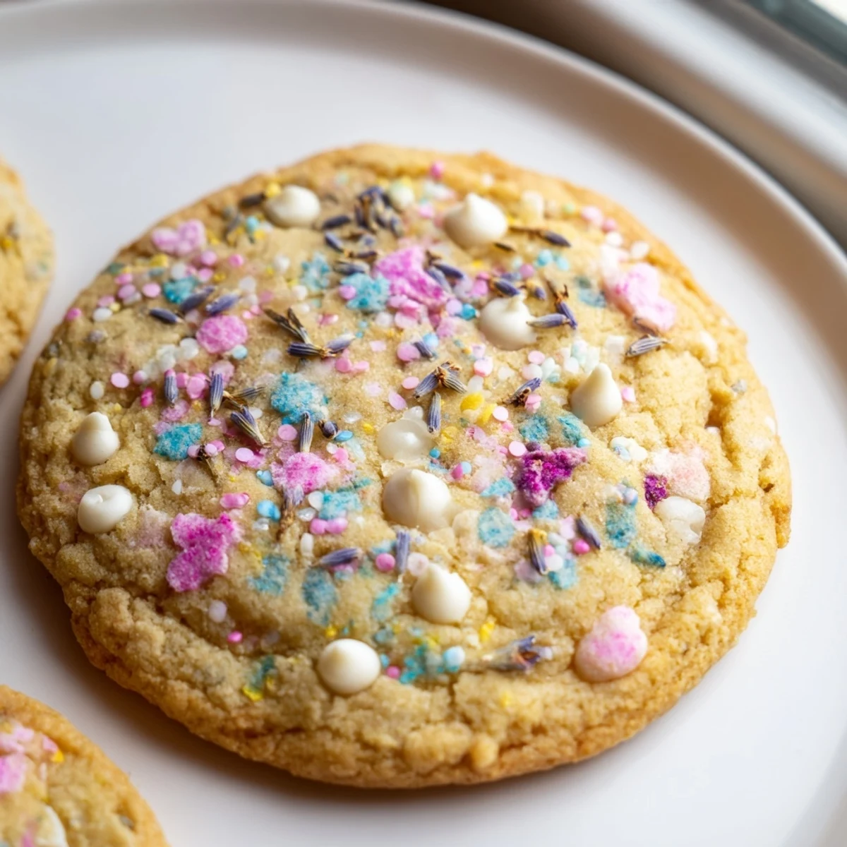 Freshly baked Spring Blossom Cookies with white chocolate chips cooling on a wire rack