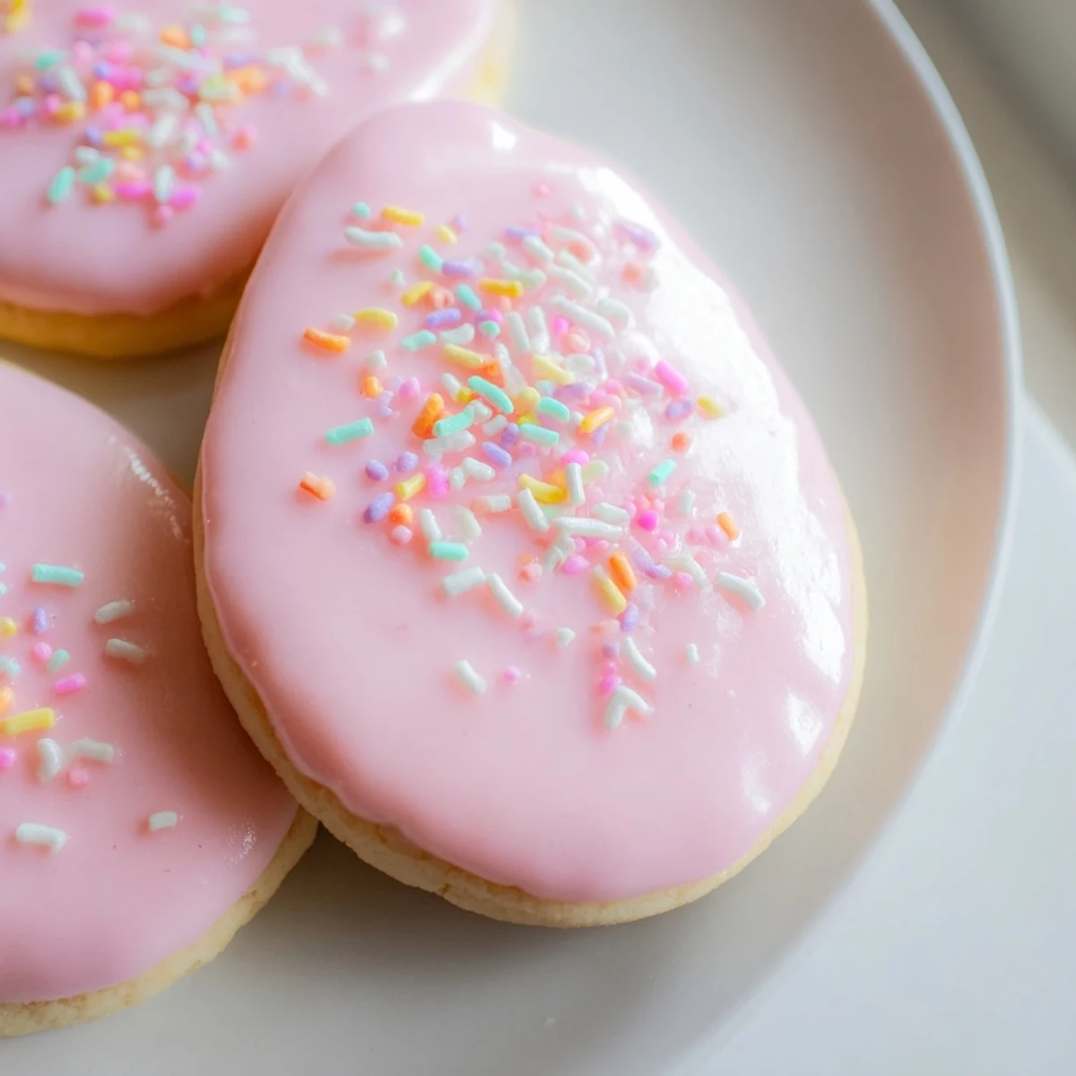 Spring Easter cookies decorated with soft pastel pink yellow and green royal icing on rustic wooden board