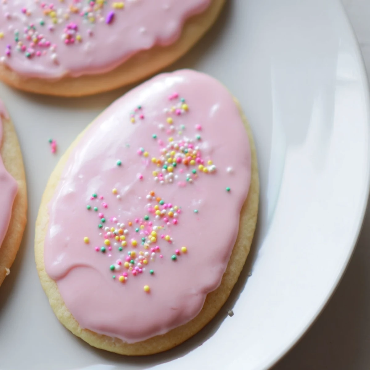 Buttery Spring Easter cookies in bunny and egg shapes topped with colorful sprinkles ready for holiday celebrating