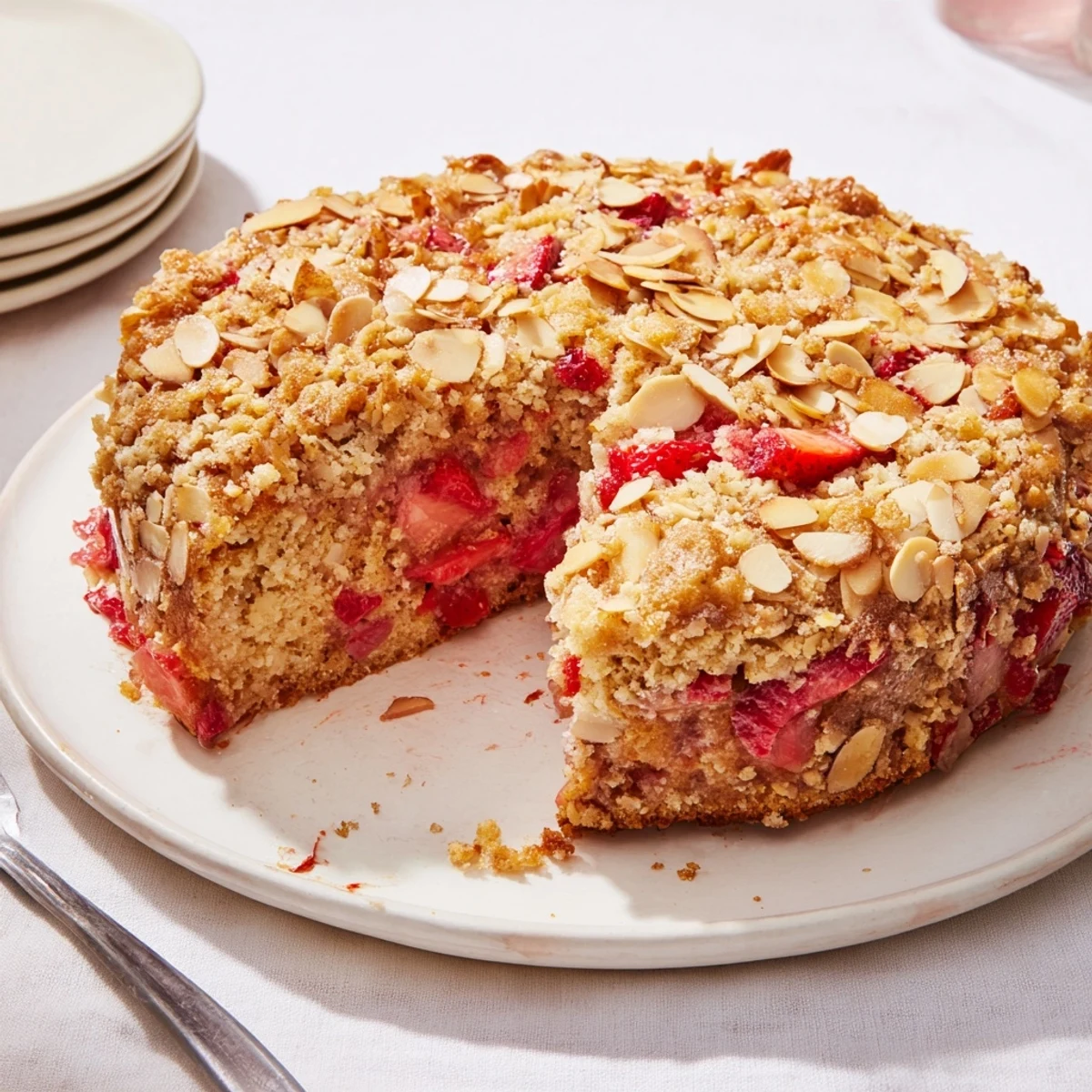 Tender lemon cake topped with juicy rhubarb strawberries and buttery almond crumble topping