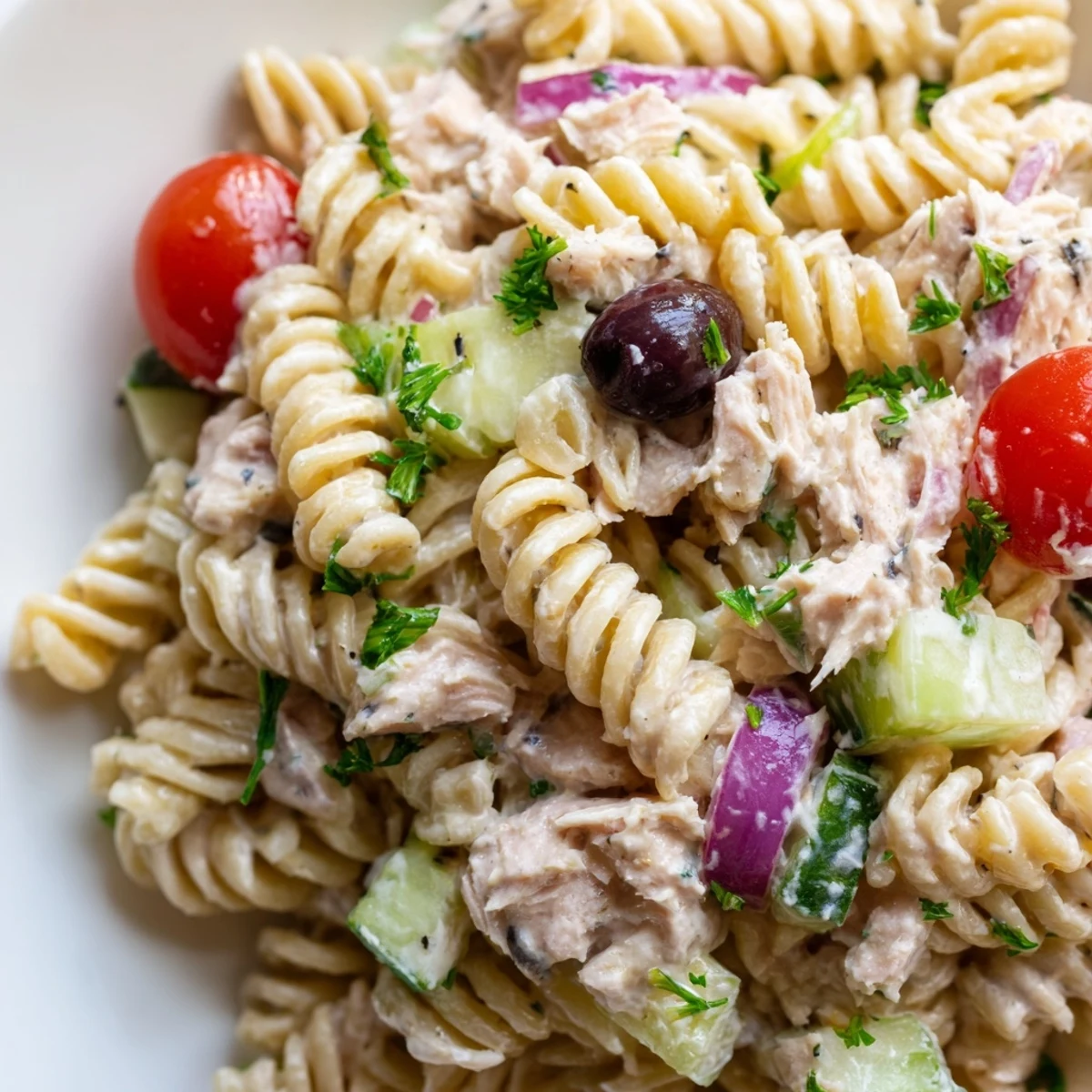 Creamy tuna pasta salad in a serving bowl with colorful crisp vegetables and fresh herbs
