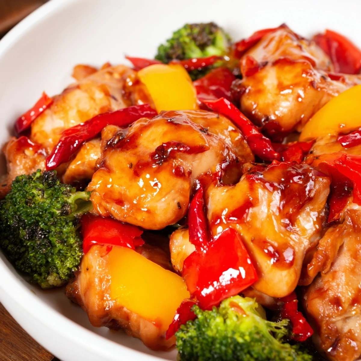 Colorful chicken stir fry with crisp vegetables and glossy sauce served over fluffy white rice
