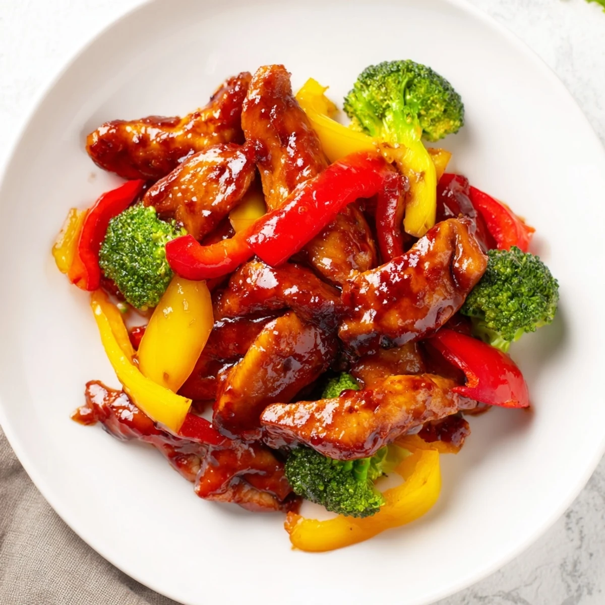 Quick flavorful weeknight meal featuring tender chicken and vibrant bell peppers in sweet savory glaze