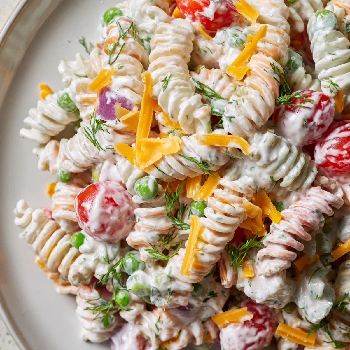 Creamy ranch pasta salad loaded with colorful crisp vegetables in a tangy herb dressing
