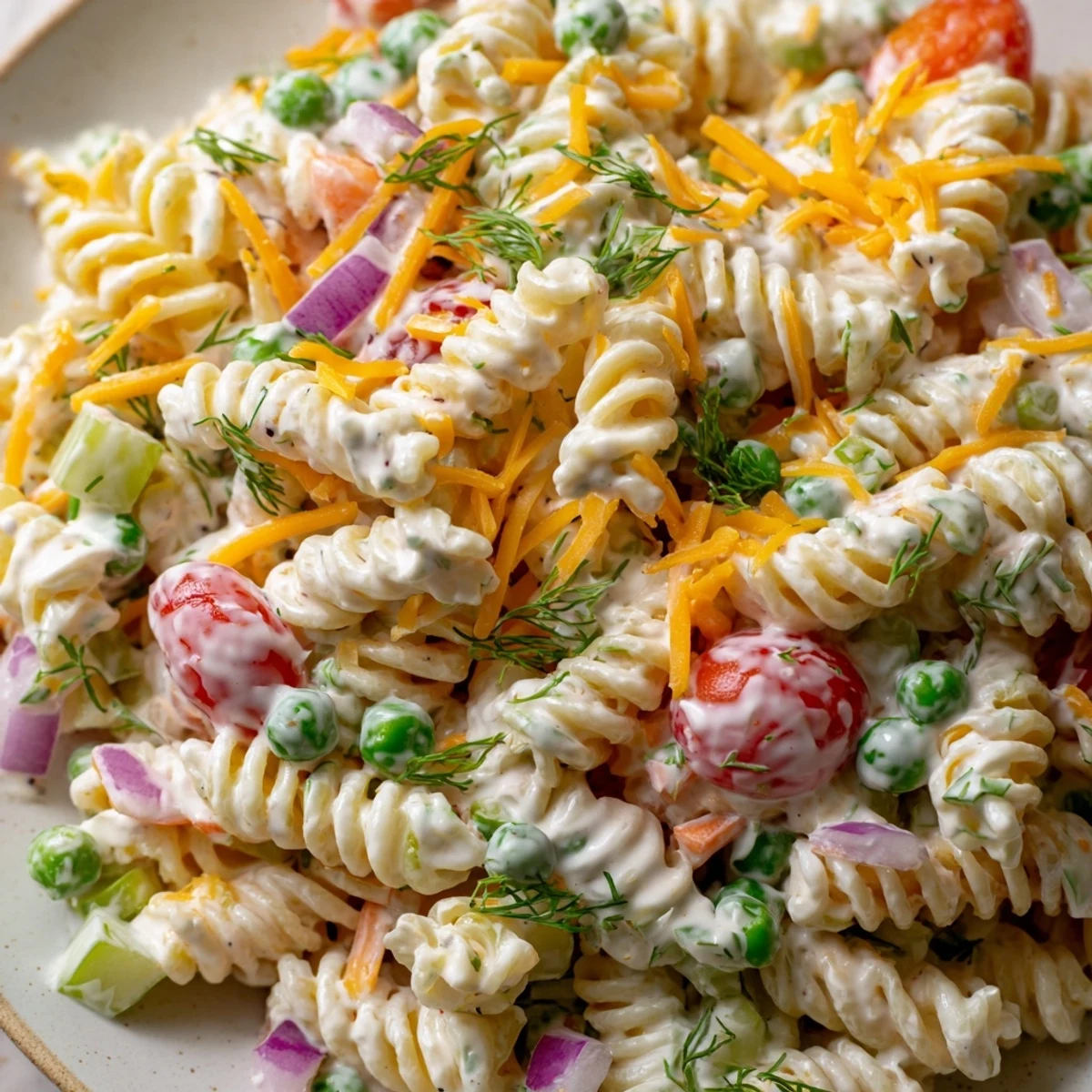 Chilled creamy ranch pasta salad featuring tender rotini and fresh garden vegetables