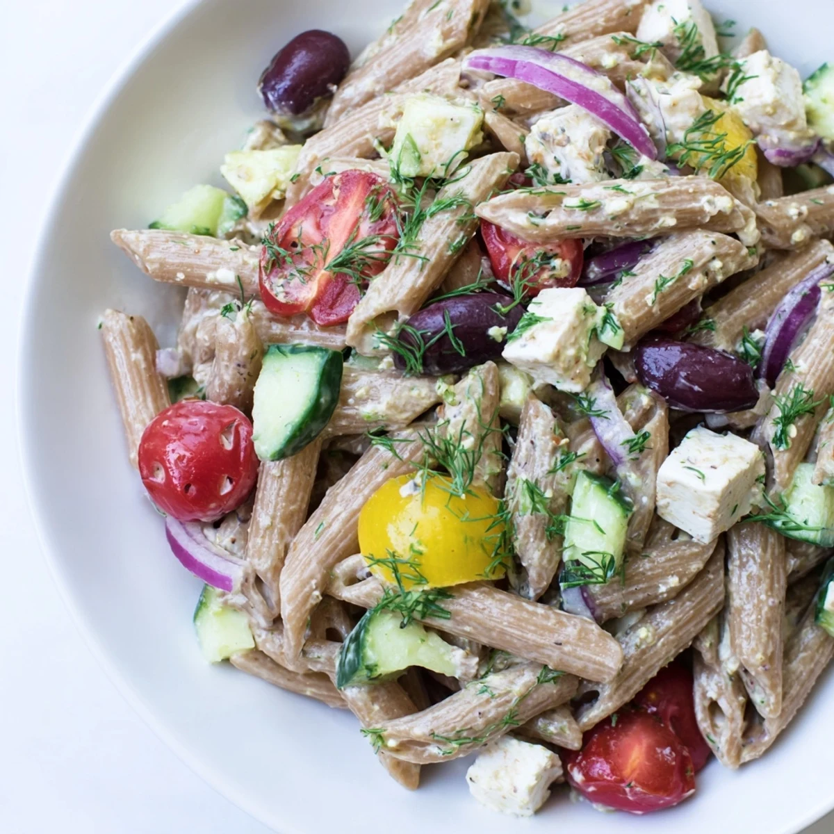 Colorful High Protein Greek Pasta Salad in a bowl with feta, tomatoes, and olives