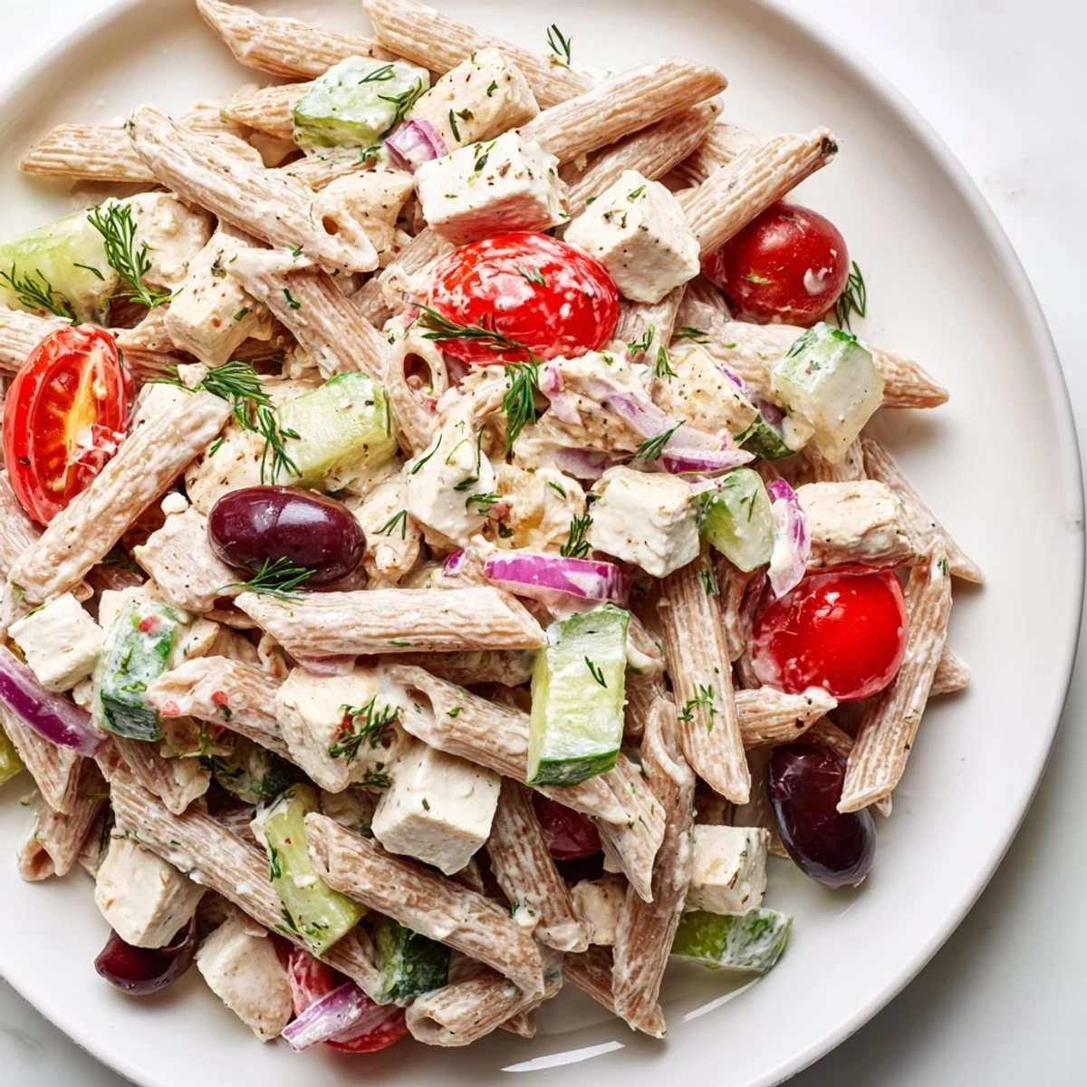 Creamy High Protein Greek Pasta Salad topped with diced cucumber and fresh herbs