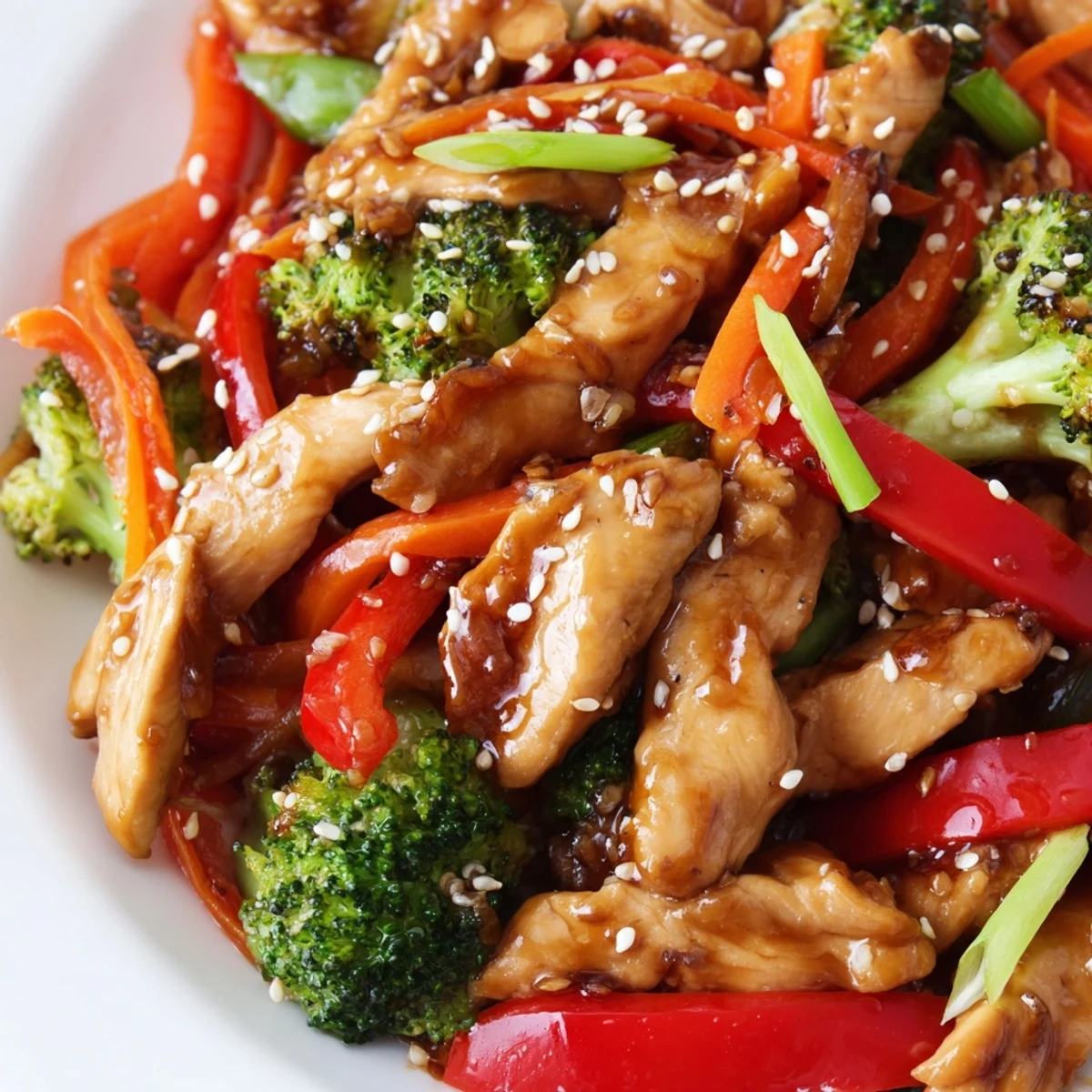 Sesame soy chicken stir fry in a wok with colorful crisp vegetables and glossy sauce