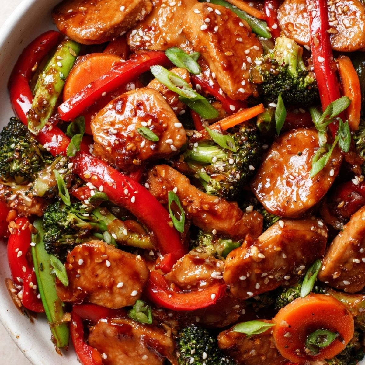 Tender sesame soy chicken stir fry topped with sesame seeds and fresh green onions