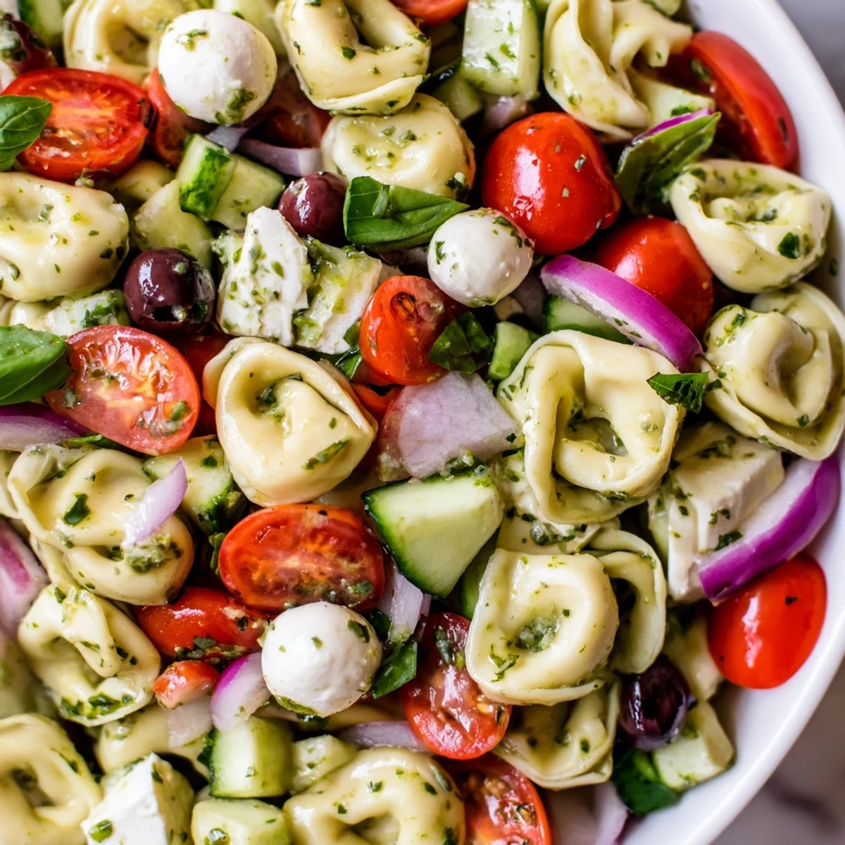 Colorful tortellini pasta salad in a serving bowl with cherry tomatoes and fresh basil