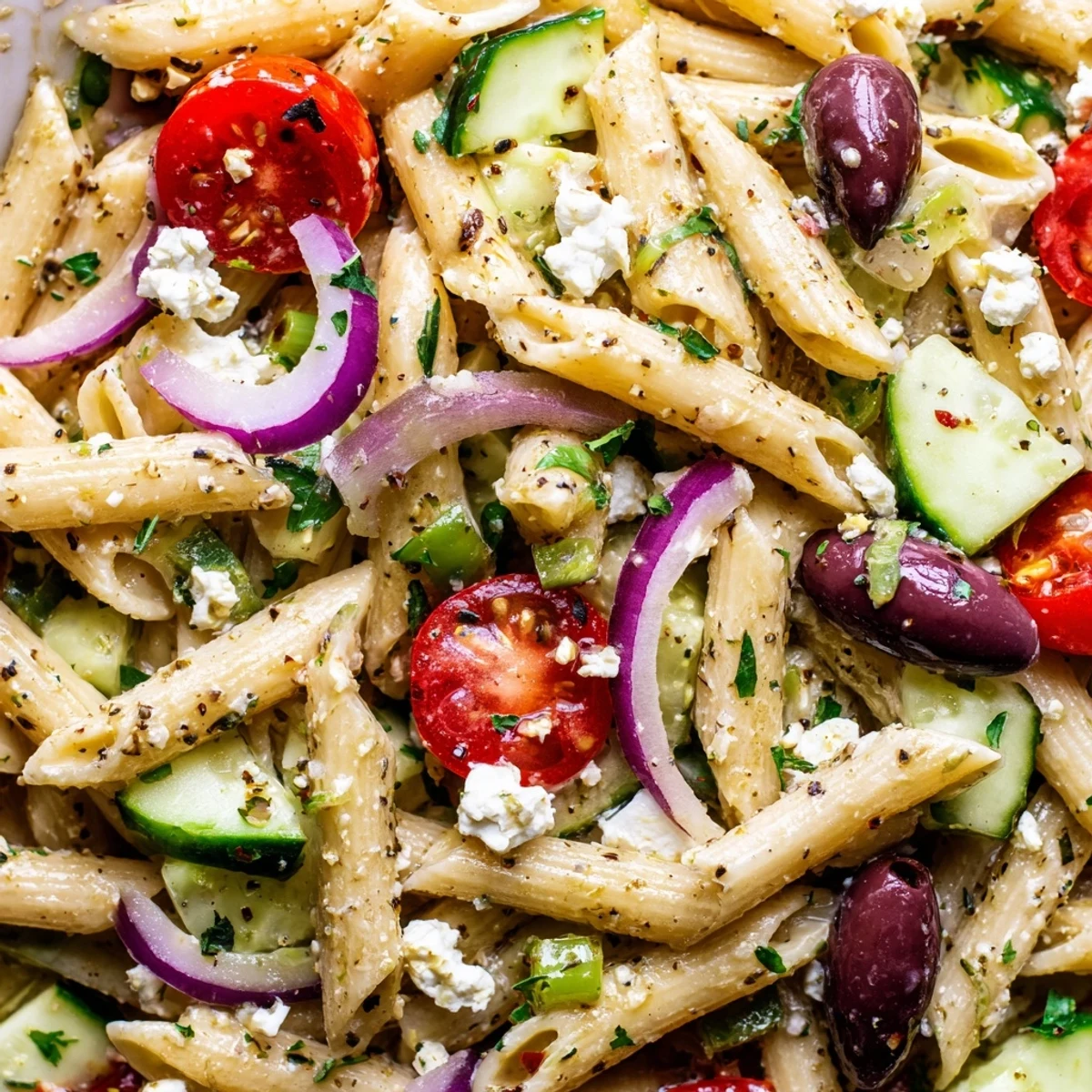 Greek pasta salad in a white bowl with crisp cucumbers, juicy tomatoes, and crumbled feta cheese