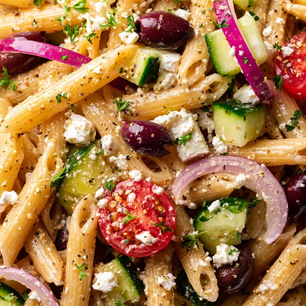 Colorful Greek pasta salad featuring vibrant vegetables, kalamata olives, and creamy feta in zesty dressing