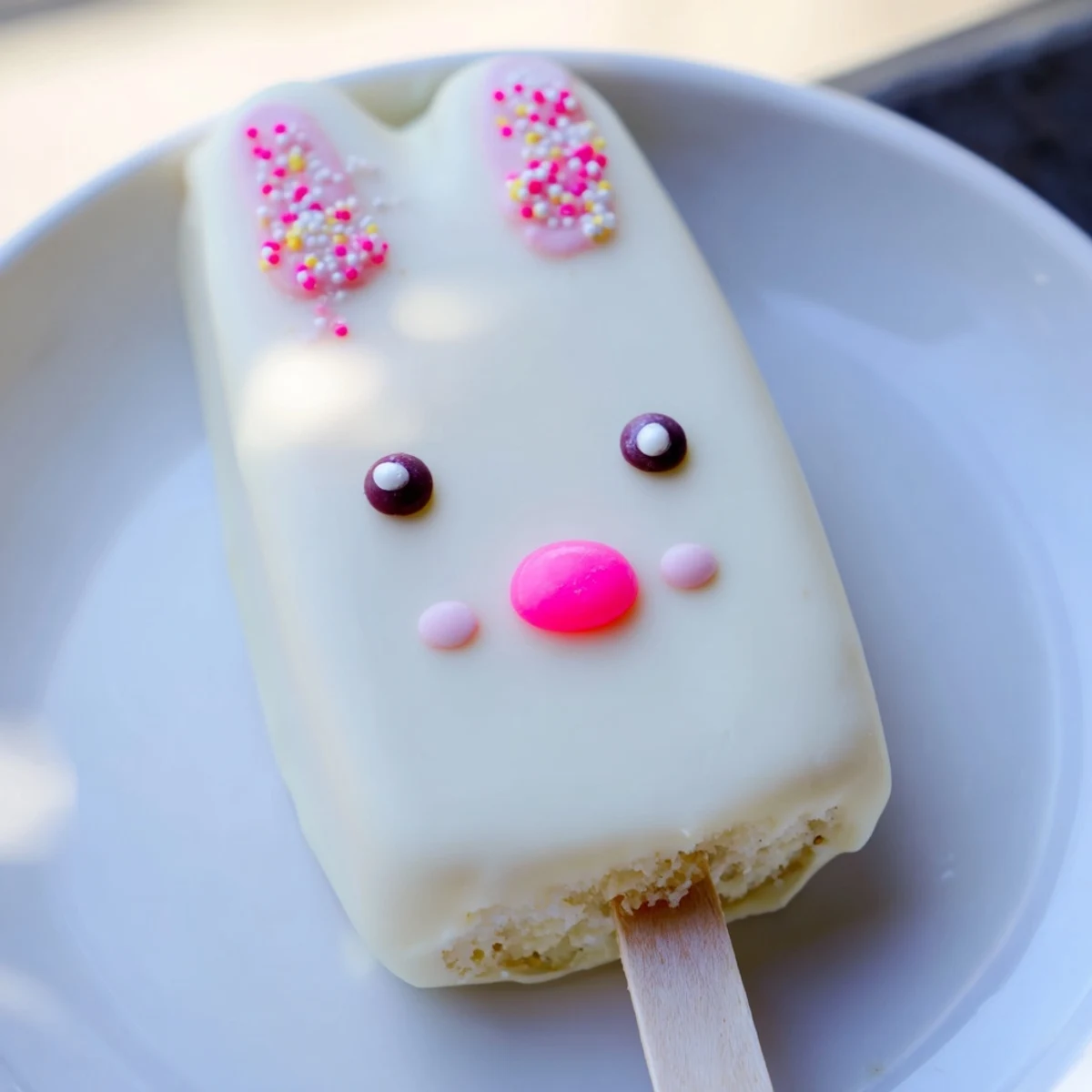 Adorable white chocolate bunny cakesicles with candy eyes on a festive Easter dessert platter