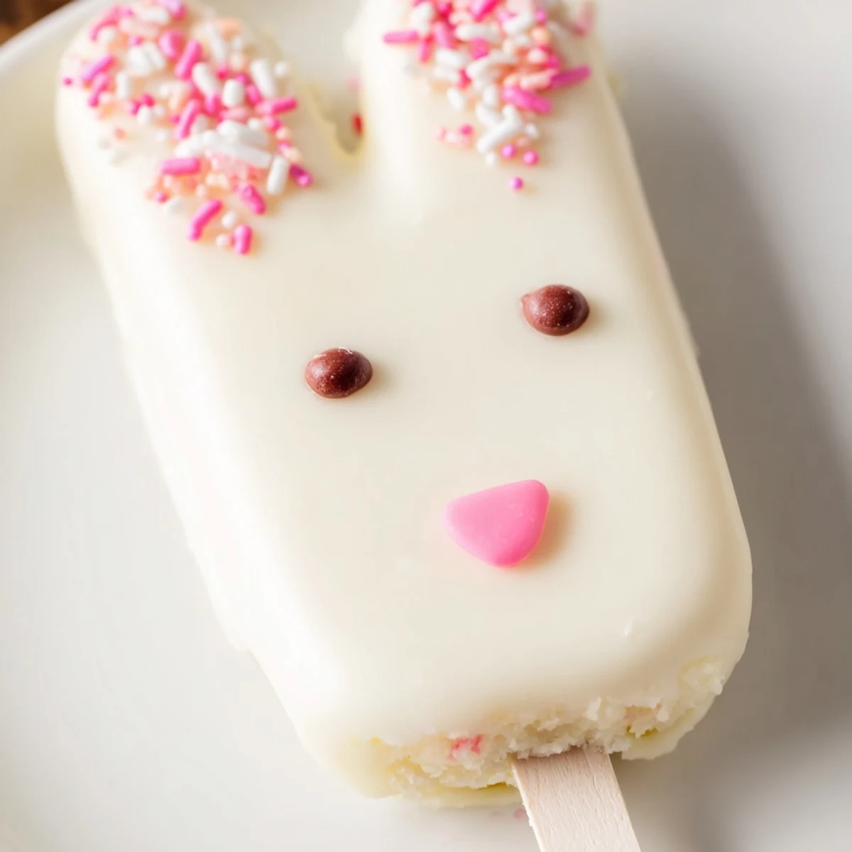 Creamy white chocolate bunny cakesicles decorated with pink fondant ears and sprinkles