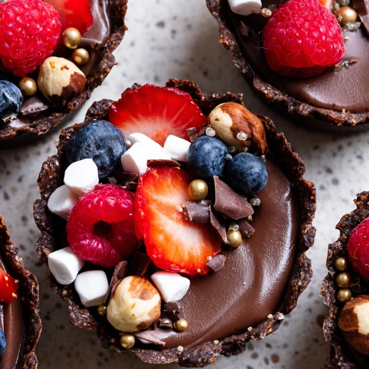 Chocolate grazing cups filled with silky mousse and topped with fresh berries and nuts