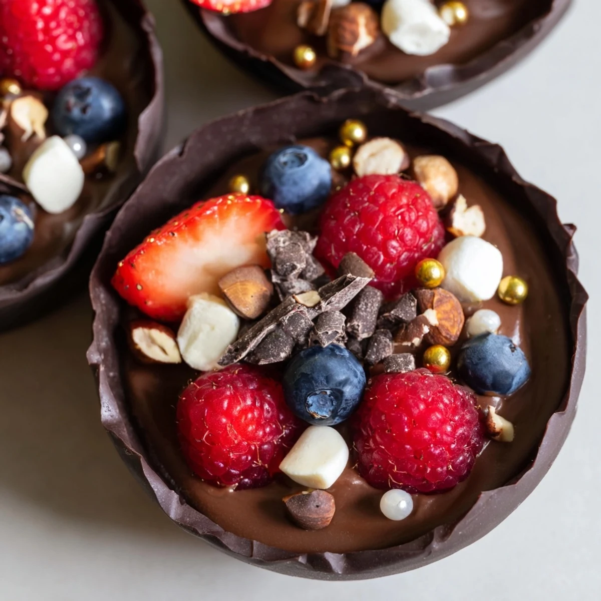 Elegant chocolate grazing cups with creamy mousse berries and crunchy nut garnishes