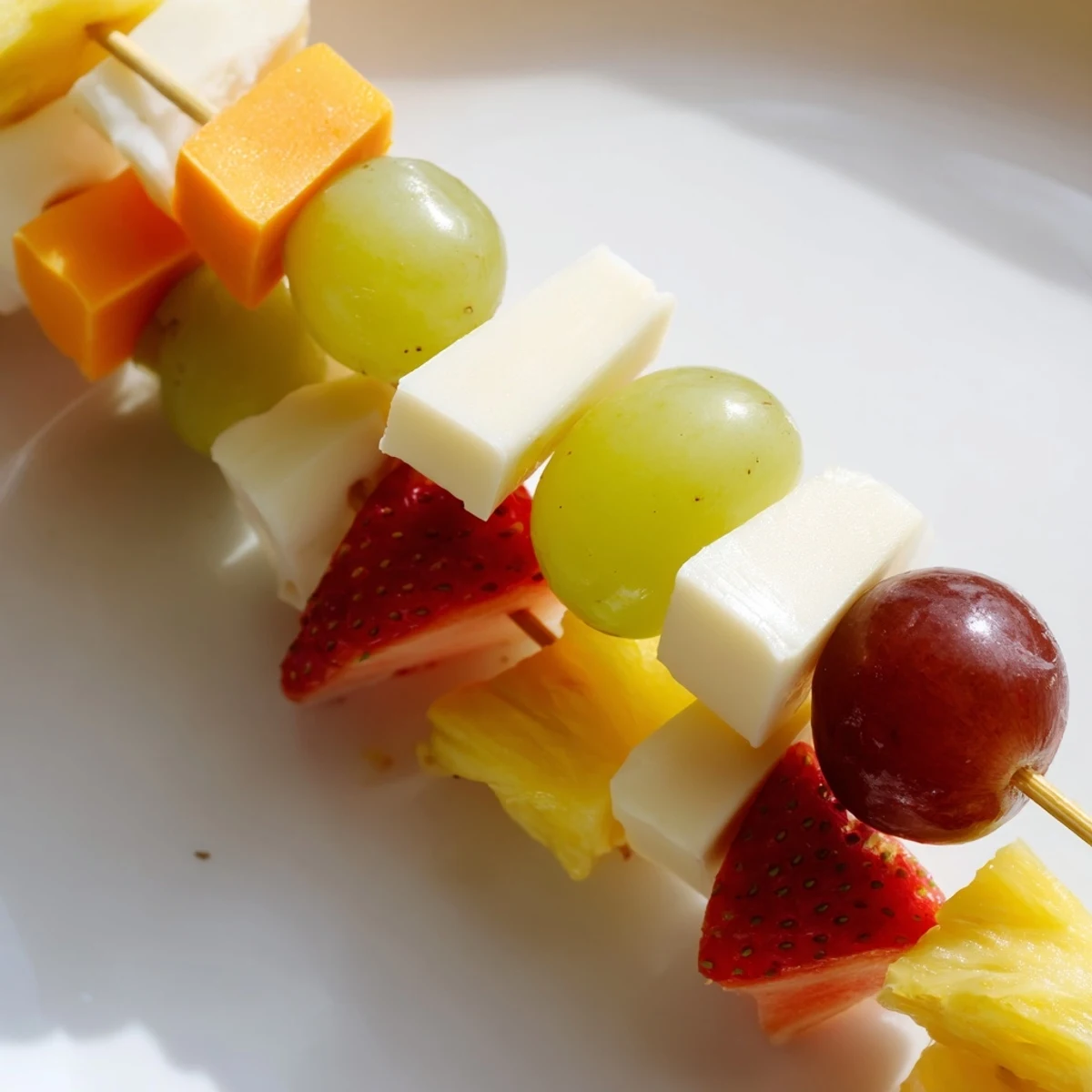 Colorful fruit and cheese kabobs arranged on a platter with grapes, strawberries, pineapple, and cheddar cubes