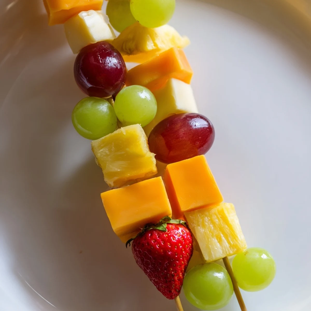 Fruit and cheese kabobs featuring alternating chunks of creamy mozzarella, sharp cheddar, and fresh seasonal fruits
