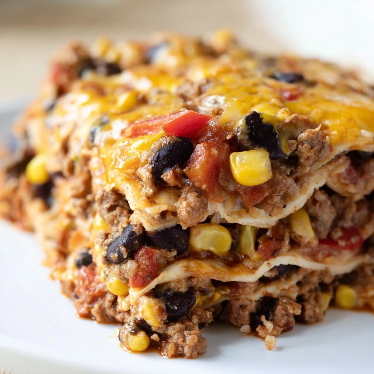 Golden bubbling Mexican lasagna with layers of seasoned beef beans and melted cheese