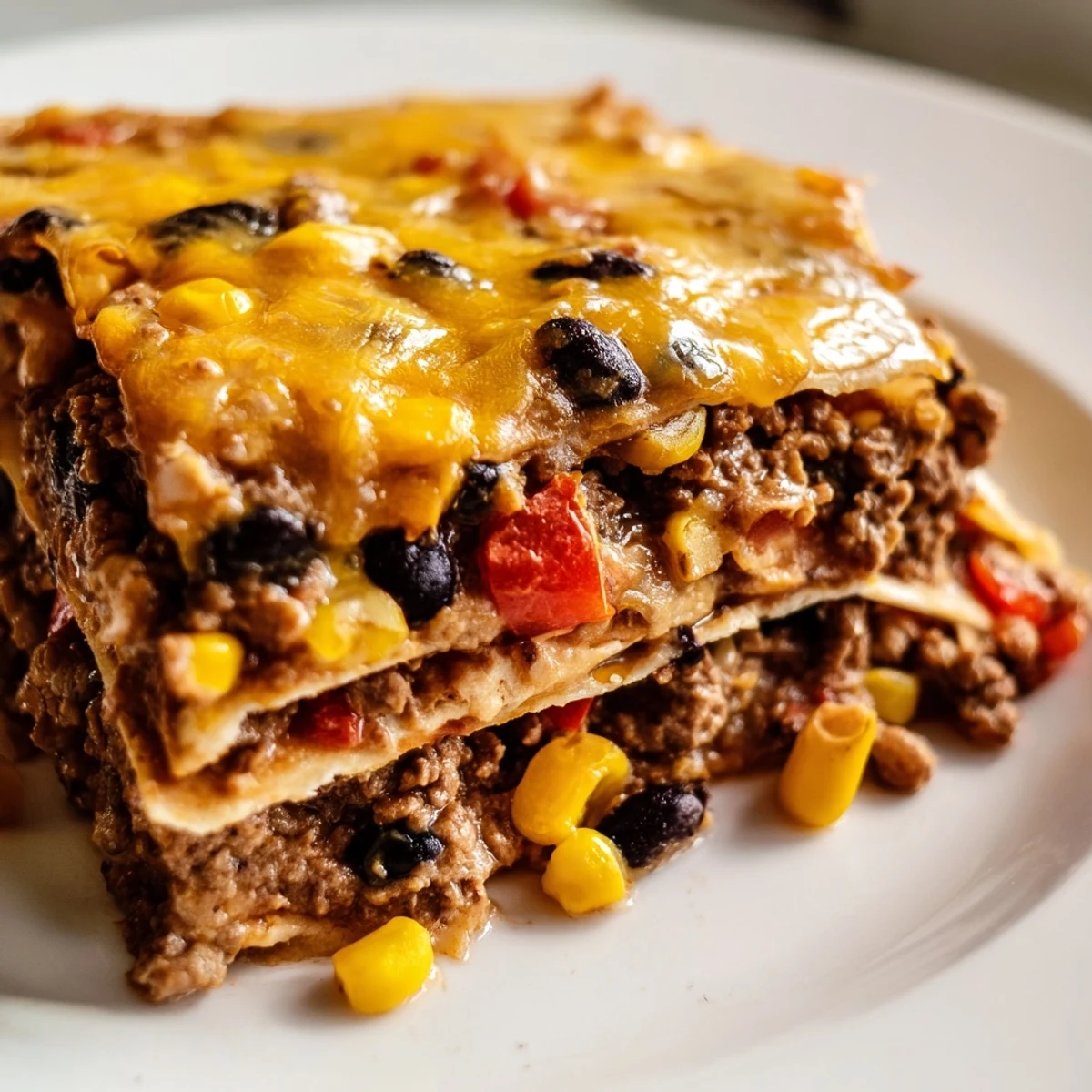 Mexican lasagna sliced to reveal stacked tortillas spiced meat and gooey cheese