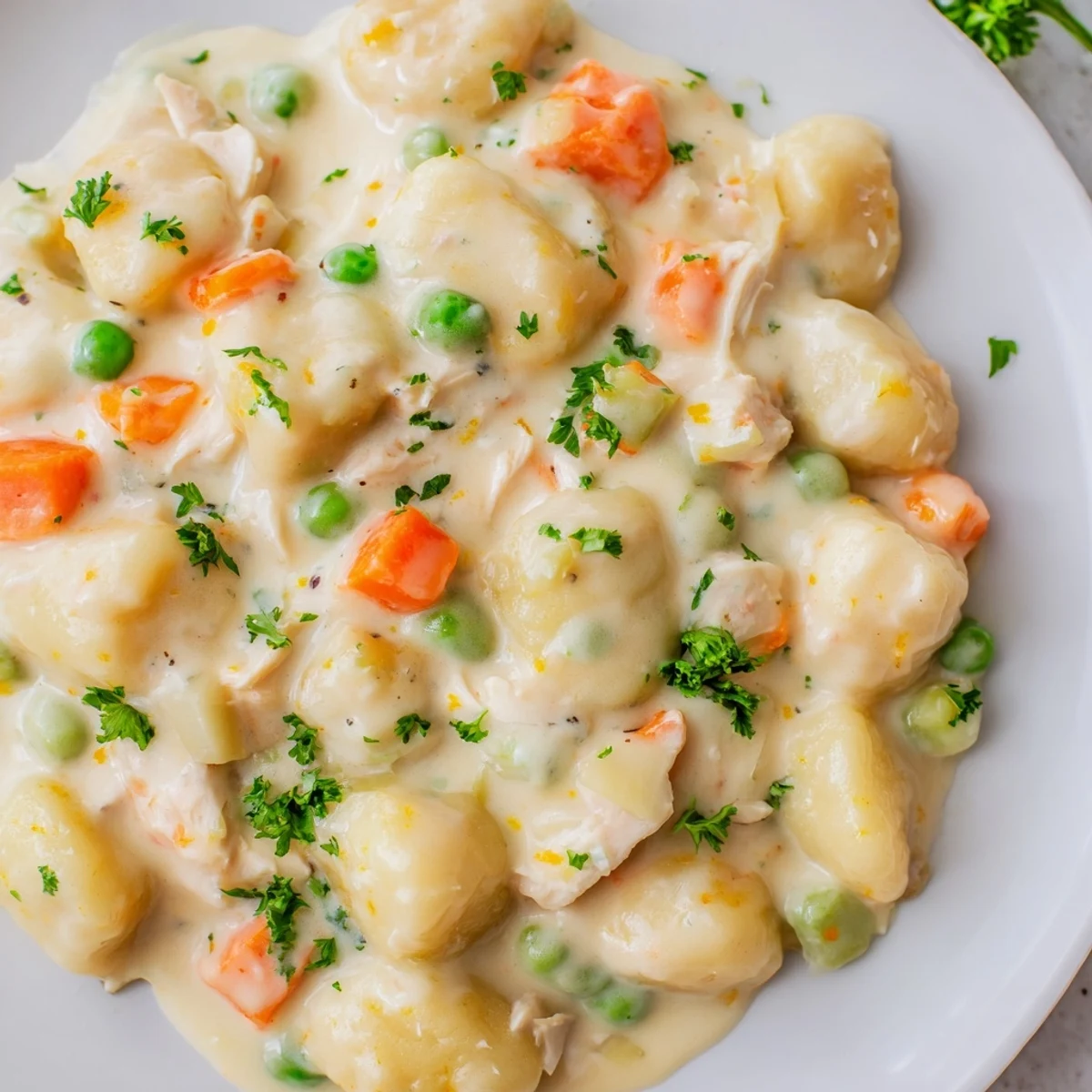 Creamy one pot gnocchi chicken pot pie in a cast iron skillet with tender vegetables