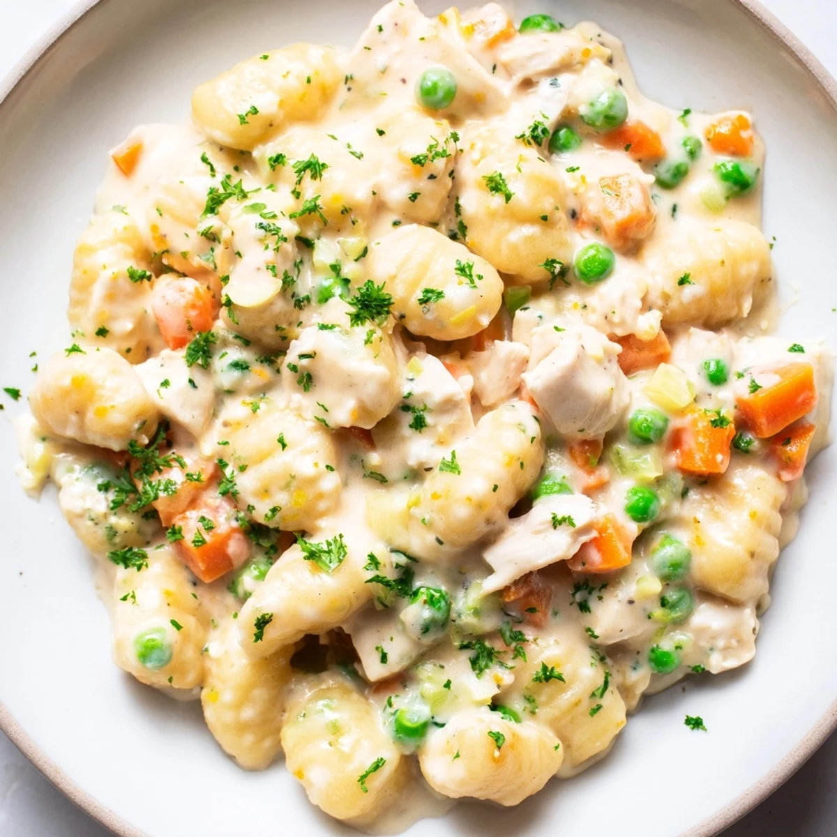 Golden one pot gnocchi chicken pot pie topped with fresh parsley garnish