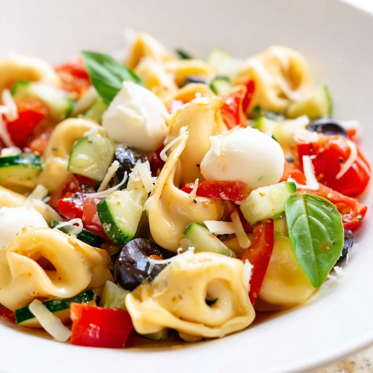 Creamy tortellini salad loaded with colorful vegetables and drizzled with zesty Italian dressing in a white serving bowl