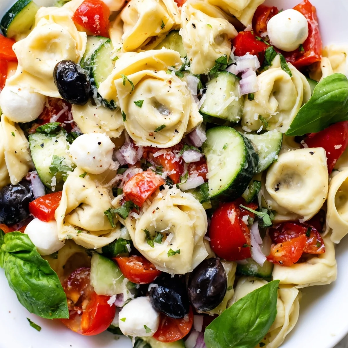 Cheese tortellini salad tossed with crisp cucumber cherry tomatoes and mozzarella in a tangy herb vinaigrette