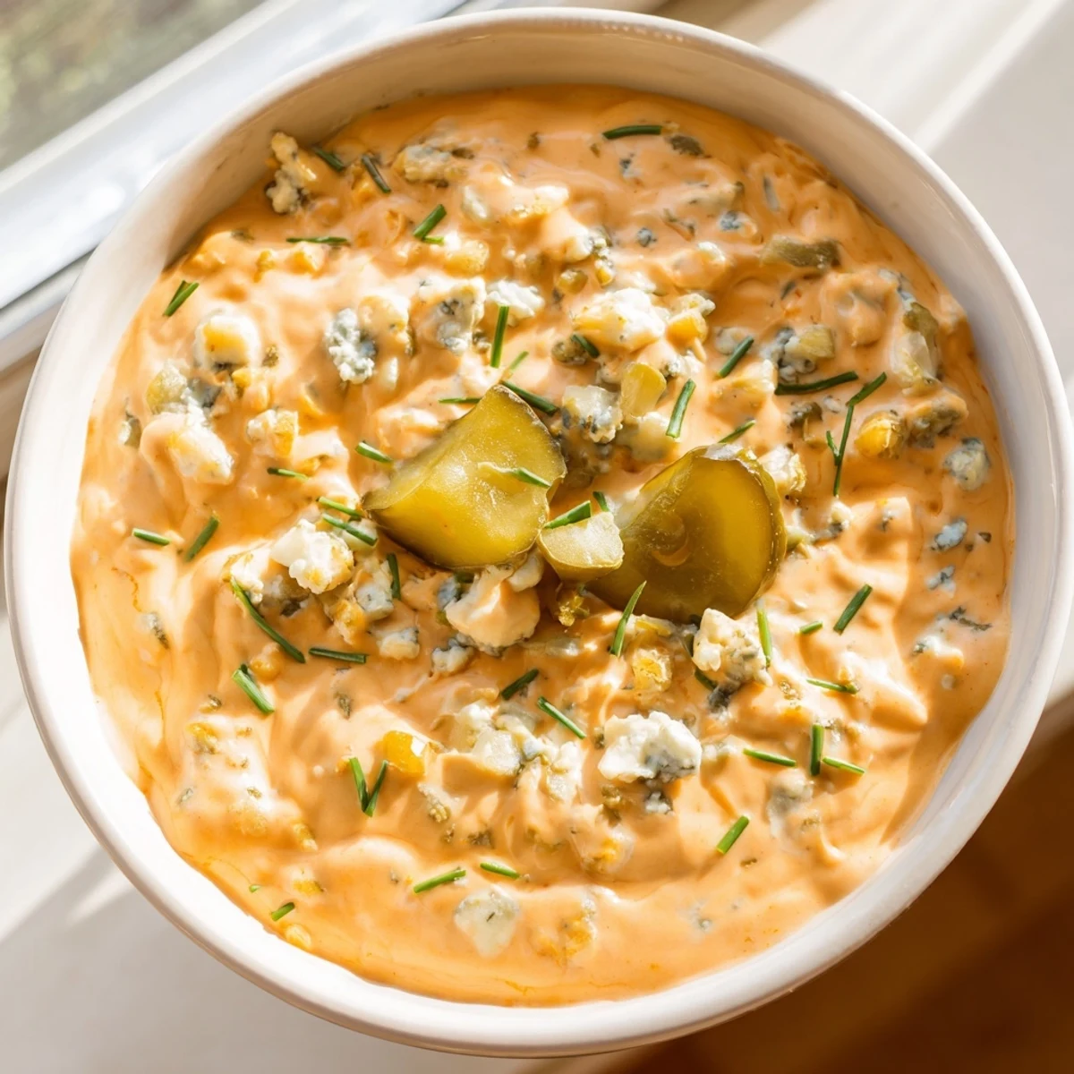 Creamy buffalo pickle dip in a serving bowl surrounded by crunchy chips and fresh veggie sticks for dipping